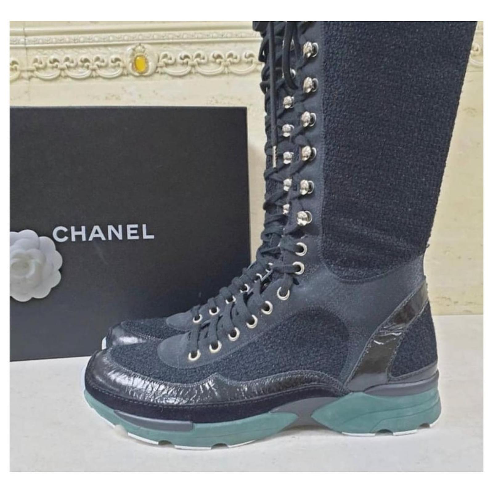 Chanel 2014 Black Tweed Knee High Sneaker Boots Size 38 ref.434921