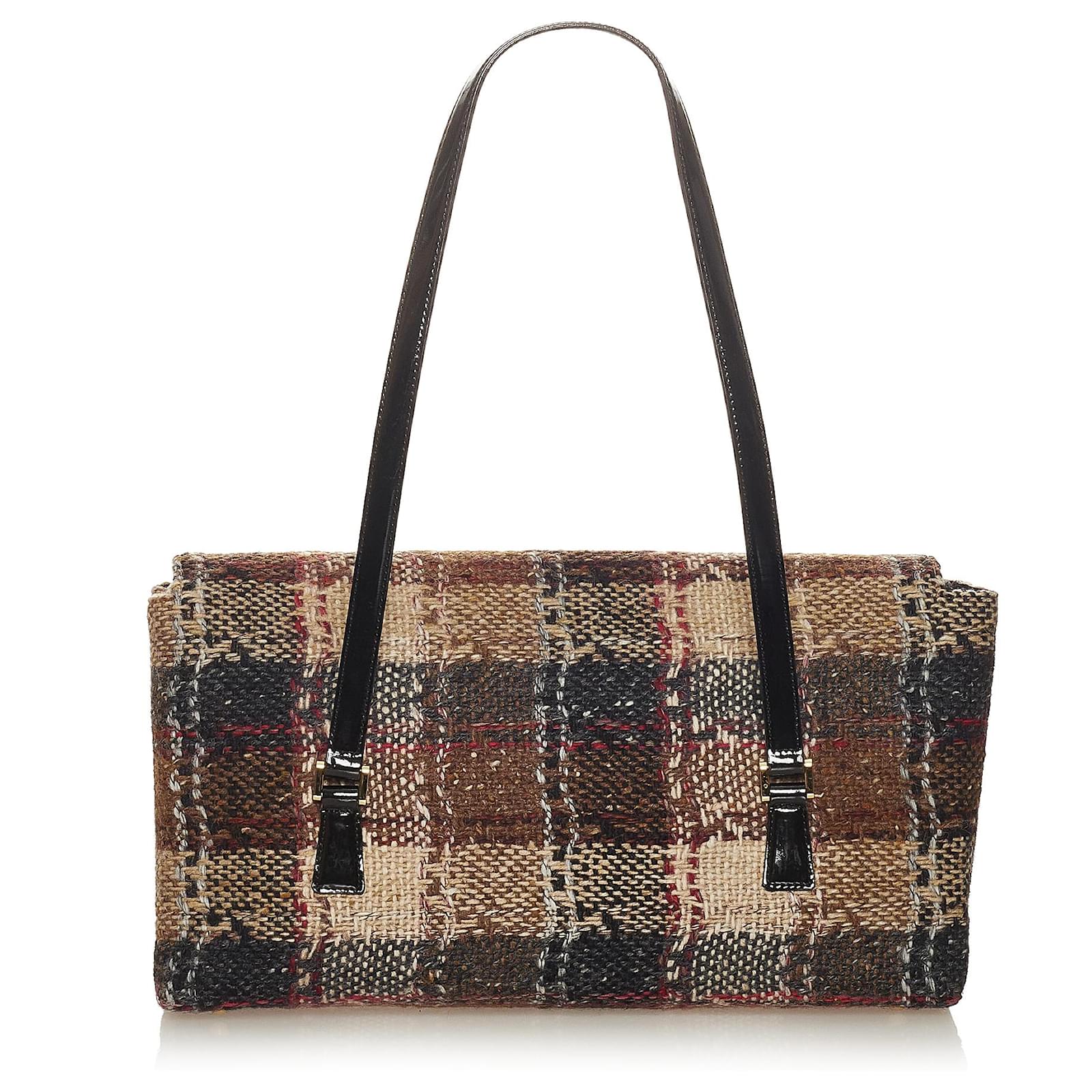 Burberry Brown Plaid Wool Shoulder Bag Multiple colors Beige Leather