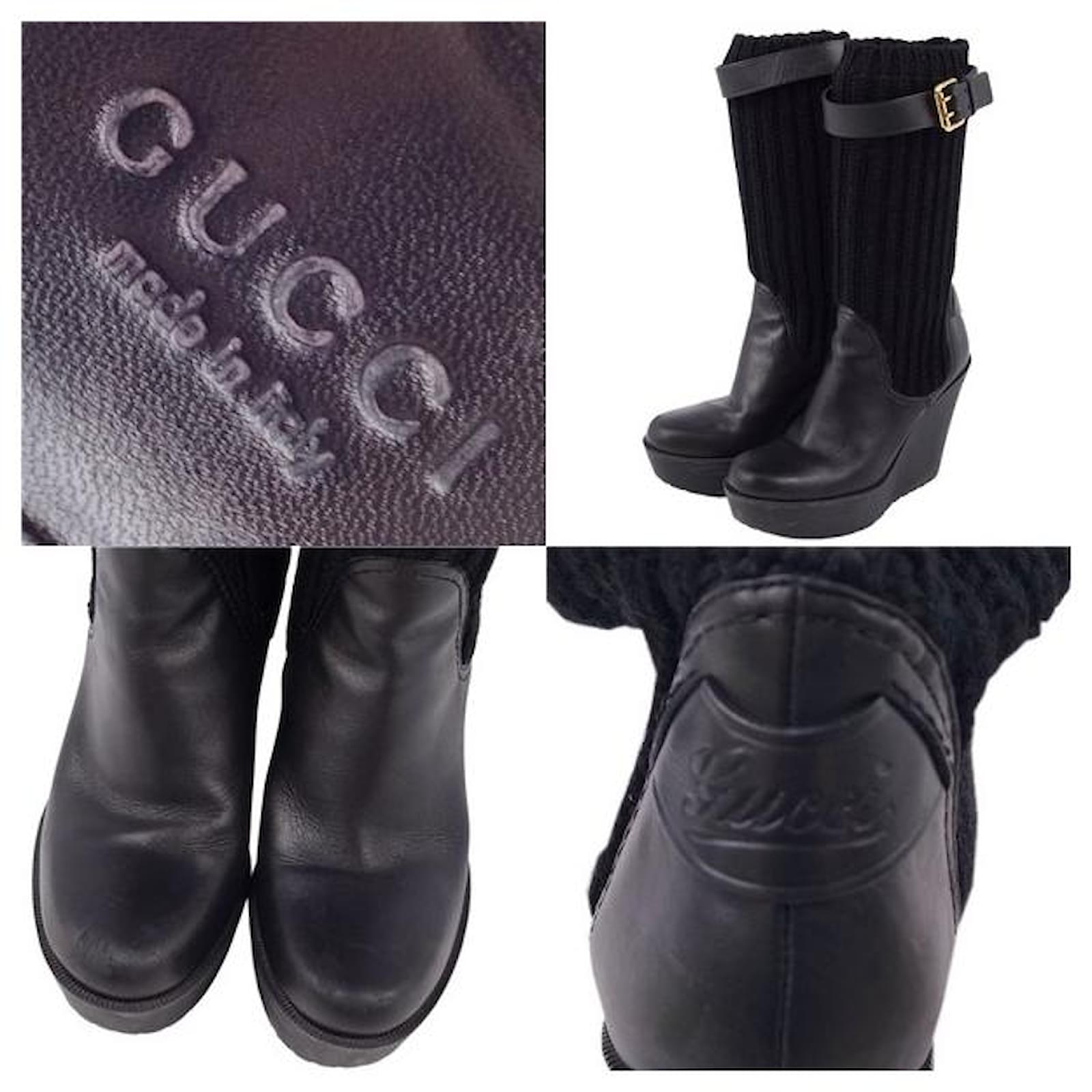 GUCCI boots socks boots knit leather wedge sole strap buckle shoes made in  Italy black size 37 (equivalent to 24 cm) ref.438323 - Joli Closet