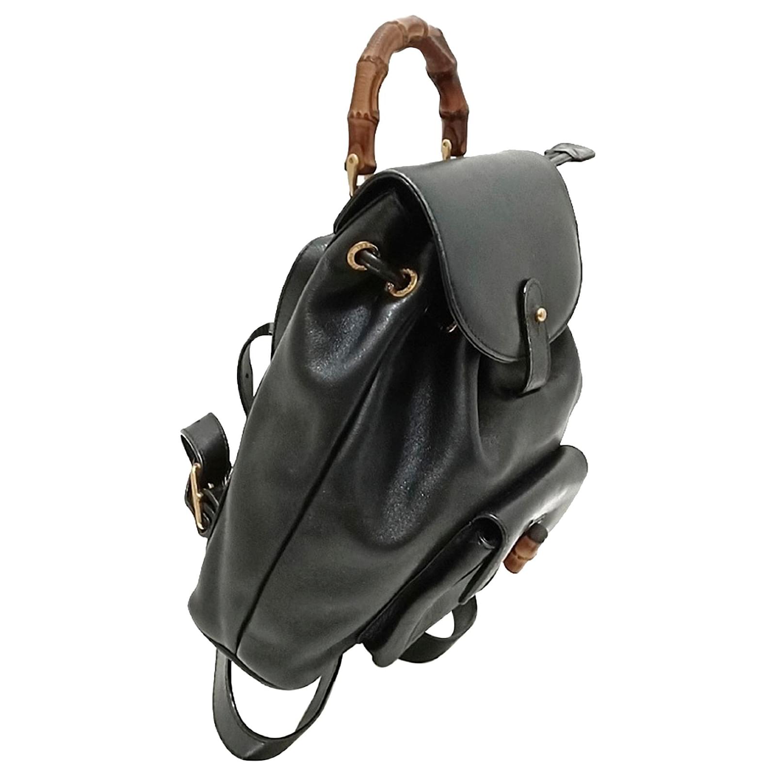 Gucci Black Bamboo Drawstring Leather Backpack Pony-style calfskin ref ...