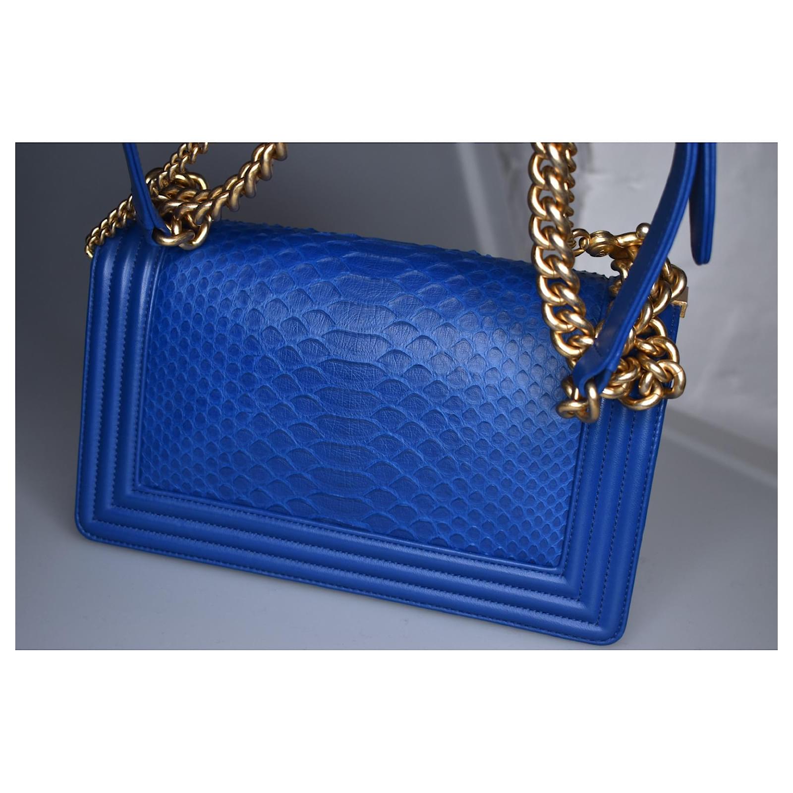 Authentic CHANEL BOY Blue Quilted Leather Gold Chain Shoulder Flap Bag  #42074