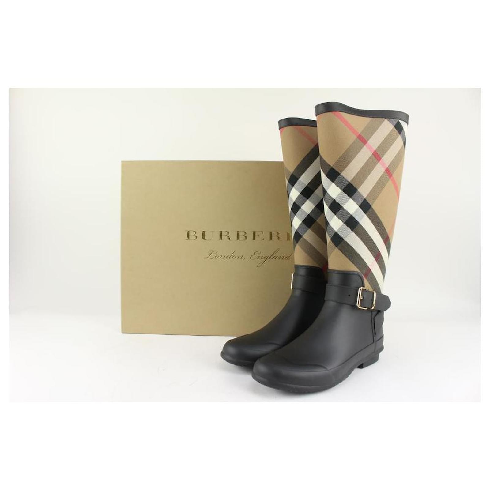 Burberry 37 Beige Nova BlackStrap Detail House Check Rubber Rain Boot   - Joli Closet