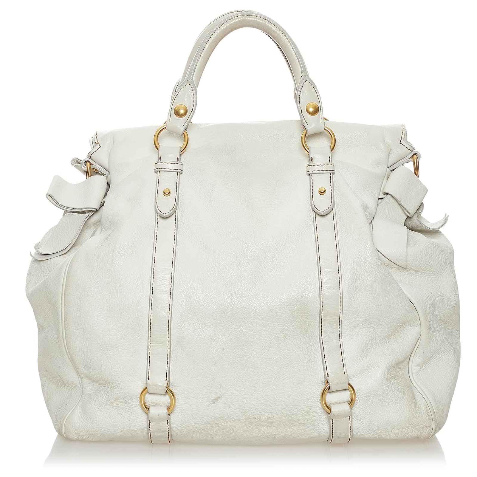 Miu Miu White Vitello Shine Satchel Cream Leather Pony-style