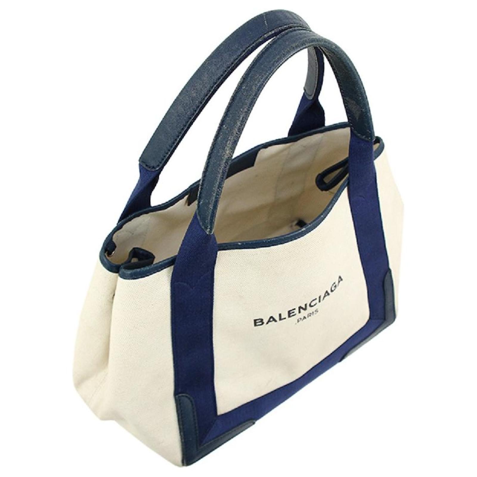 Balenciaga Tote Bag Navy Kabas S Canvas Leather Natural Off-White Medium Female Small Logo Shoulder Shoulder Shoulder Blanco Algodón ref.455850 - Joli