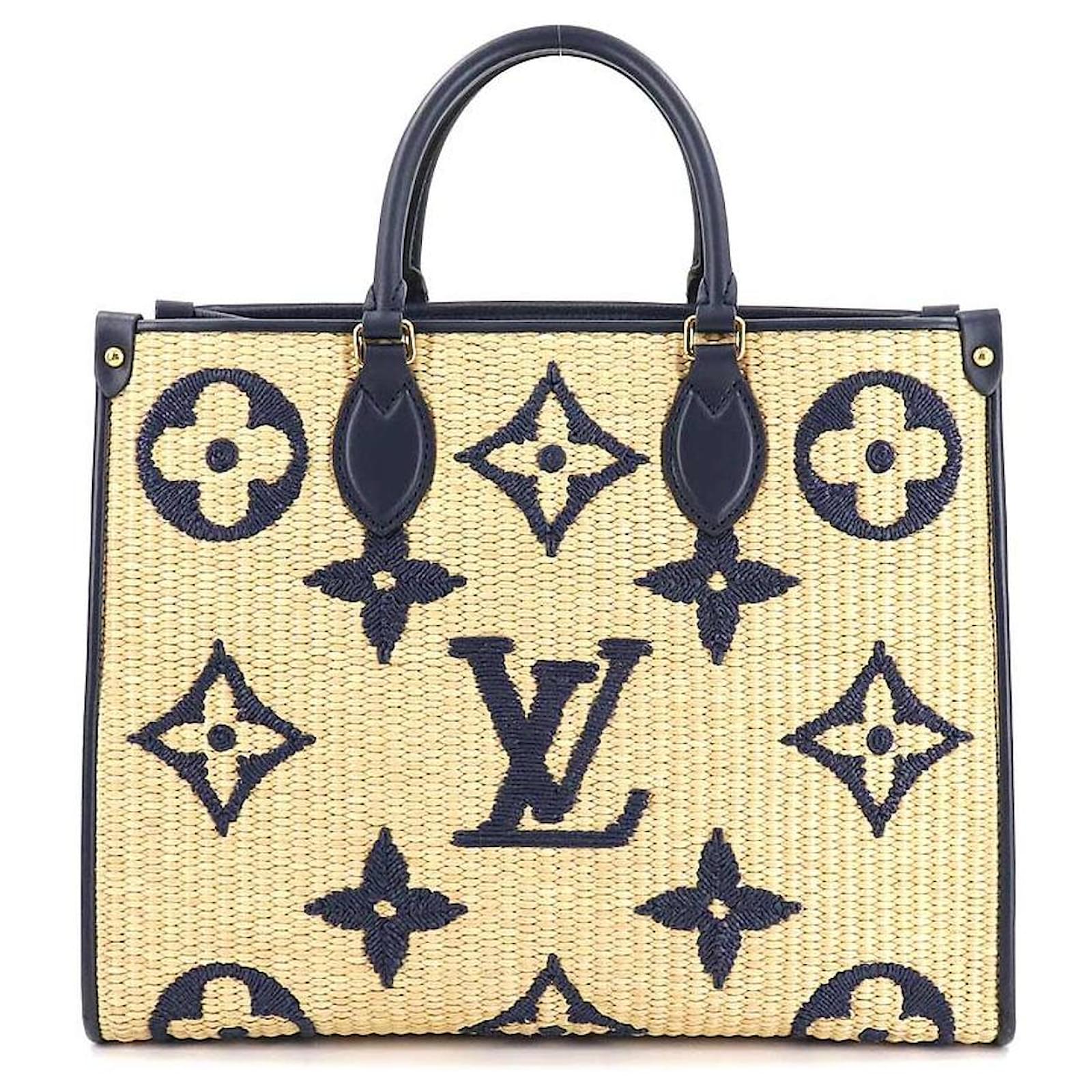 Authenticated used Louis Vuitton Louis Vuitton Monogram on The Go mm Blue M57723 Ladies Raffia Tote Bag, Adult Unisex, Size: (HxWxD): 26cm x 34cm x