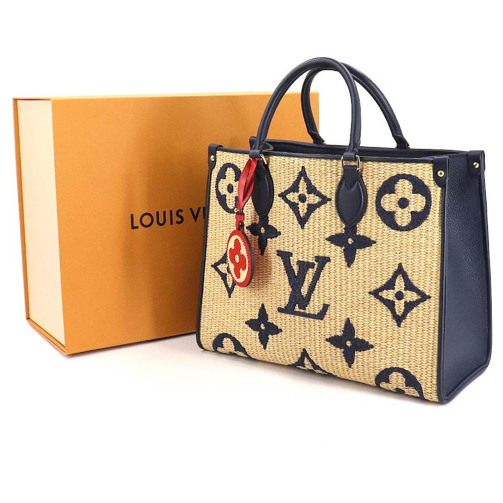 Authenticated used Louis Vuitton Louis Vuitton Monogram on The Go mm Blue M57723 Ladies Raffia Tote Bag, Adult Unisex, Size: (HxWxD): 26cm x 34cm x