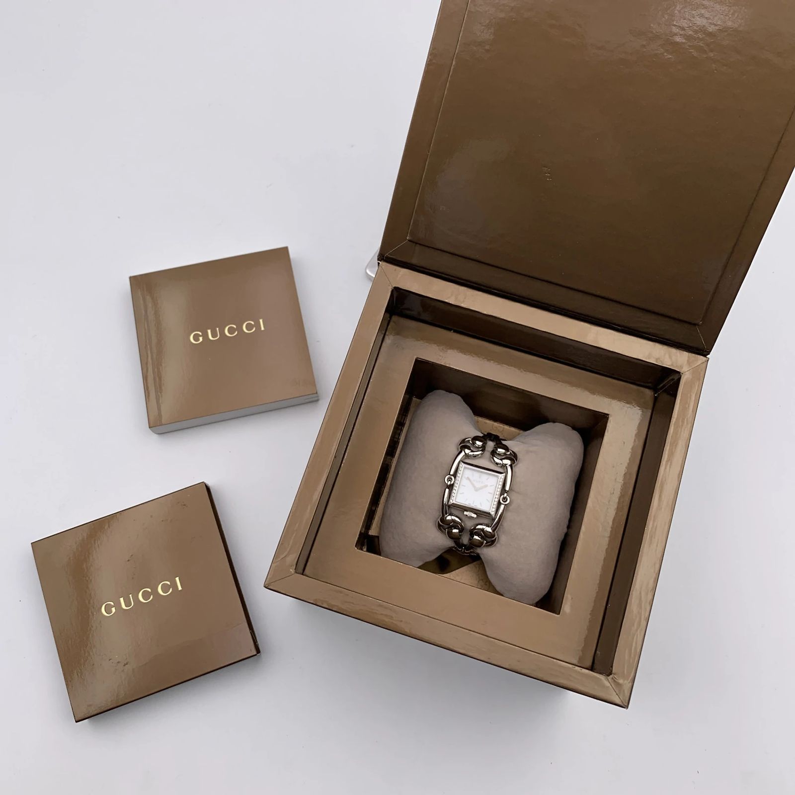 Gucci Signori Ladies Diamond Stainless Watch 
Horsebit Bracelet in Box Used Gucci $3400 Watch Ladies Signori Stainless Horsebit Bracelet  main image 2