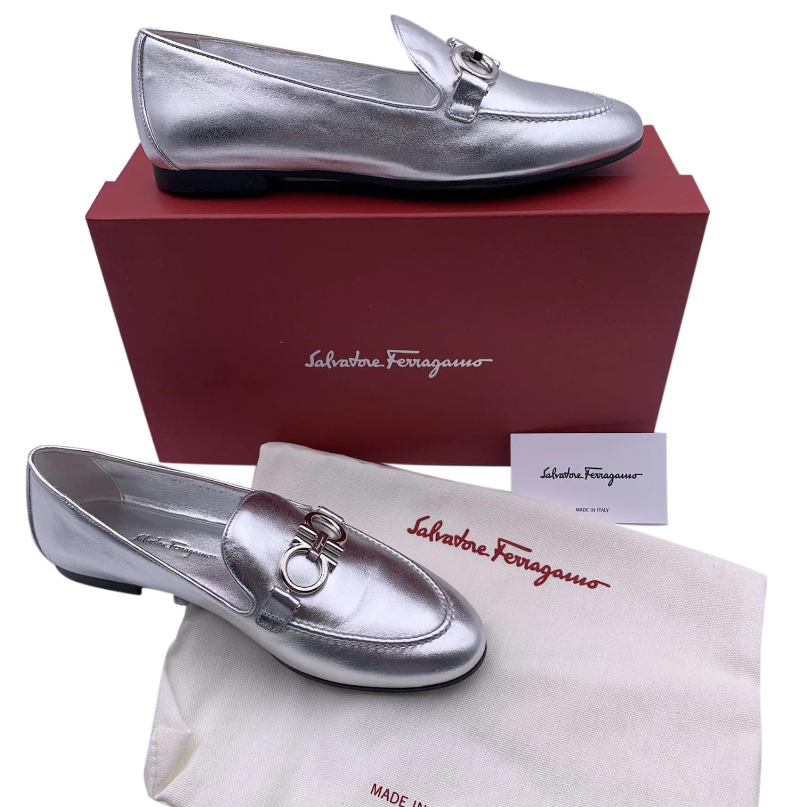 Salvatore Ferragamo Silver Leather Trifoglio Loafers Size 37C