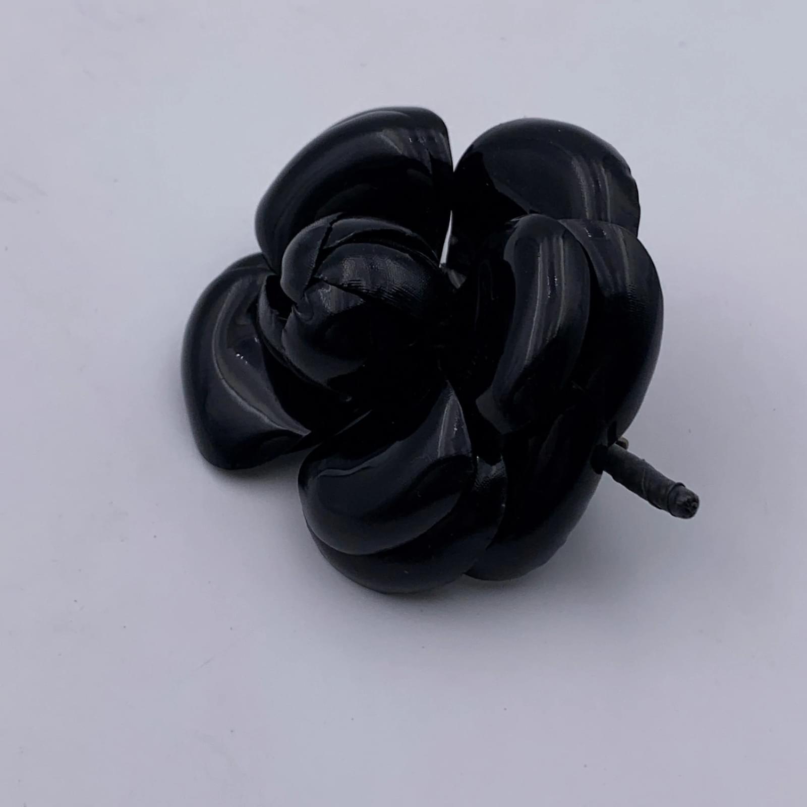 VINTAGE CLASSIC BLACK VELVET FLOWER CHANEL CAMELLIA CORSAGE PIN BROOCH ~  3.5