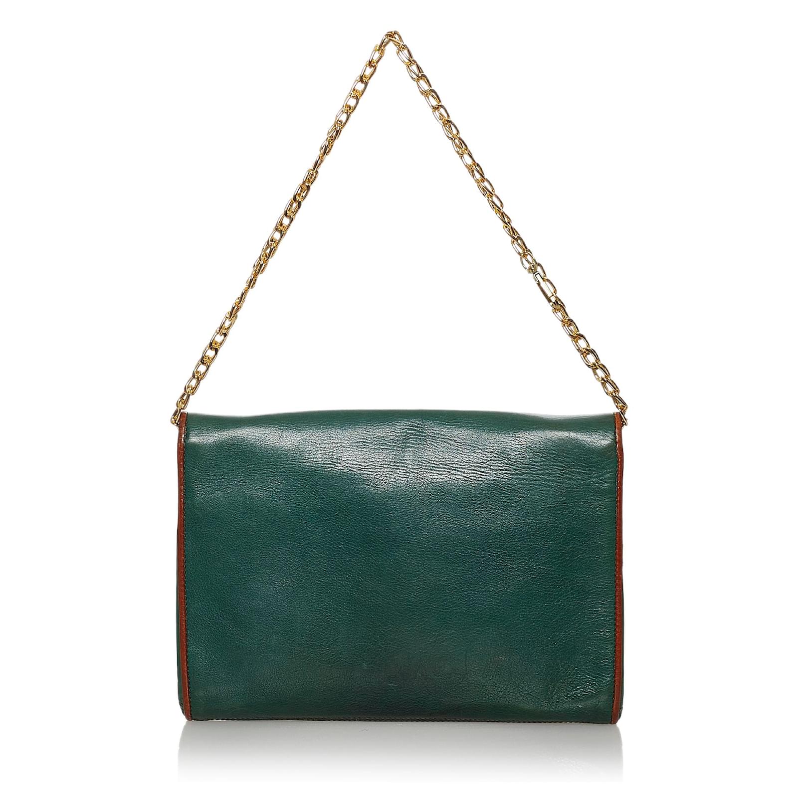 Céline Celine Green Leather Shoulder Bag Brown Dark green Pony-style ...