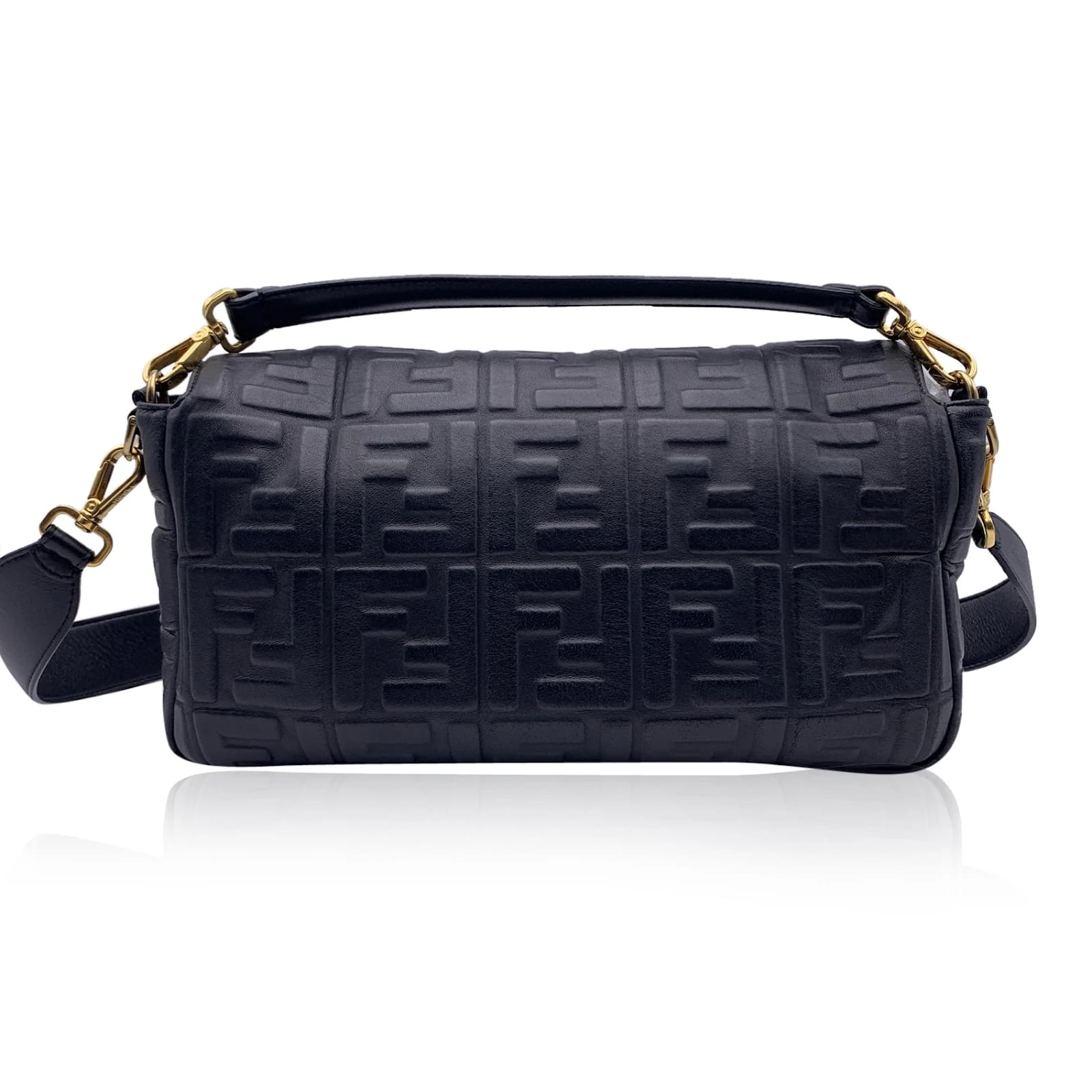 Fendi Black FF Embossed Leather Large Baguette Bag 8BR771