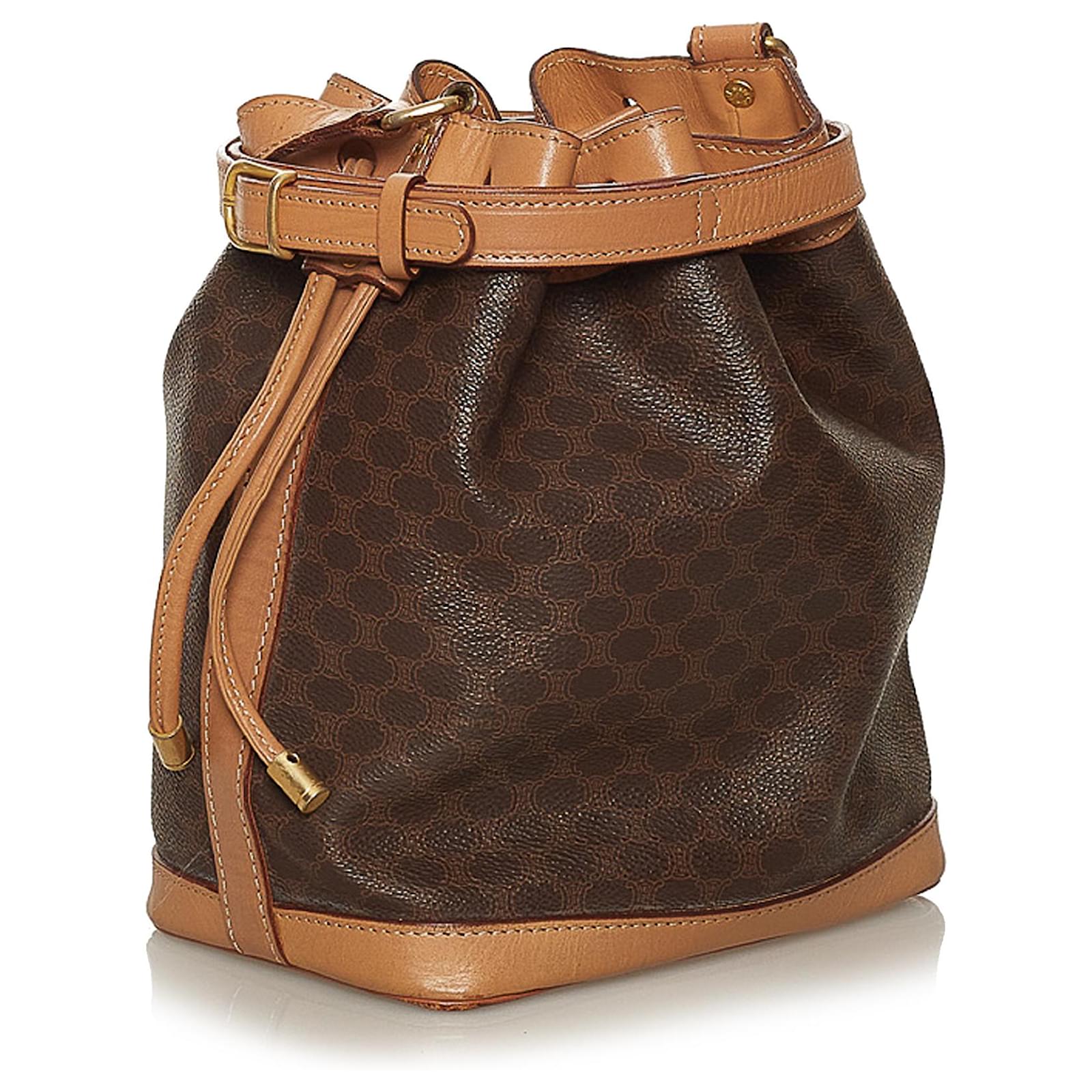 Céline Celine Brown Macadam Drawstring Bucket Bag Leather Plastic Pony