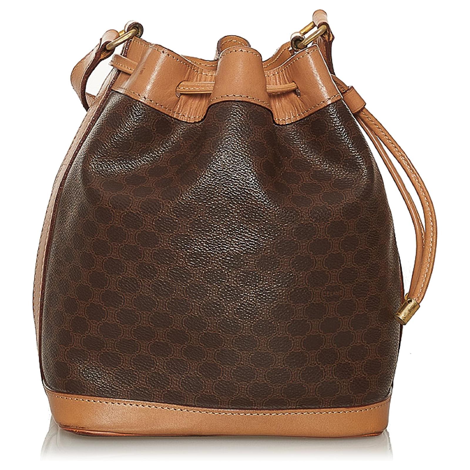 Céline Celine Brown Macadam Drawstring Bucket Bag Leather Plastic Pony