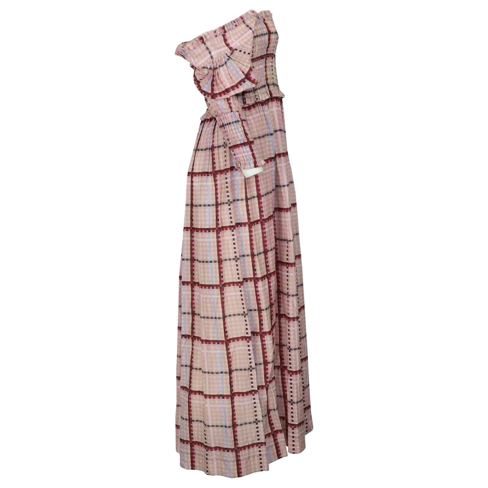 Ganni Check Ruched Maxi Dress in Pink Cotton ref.469268