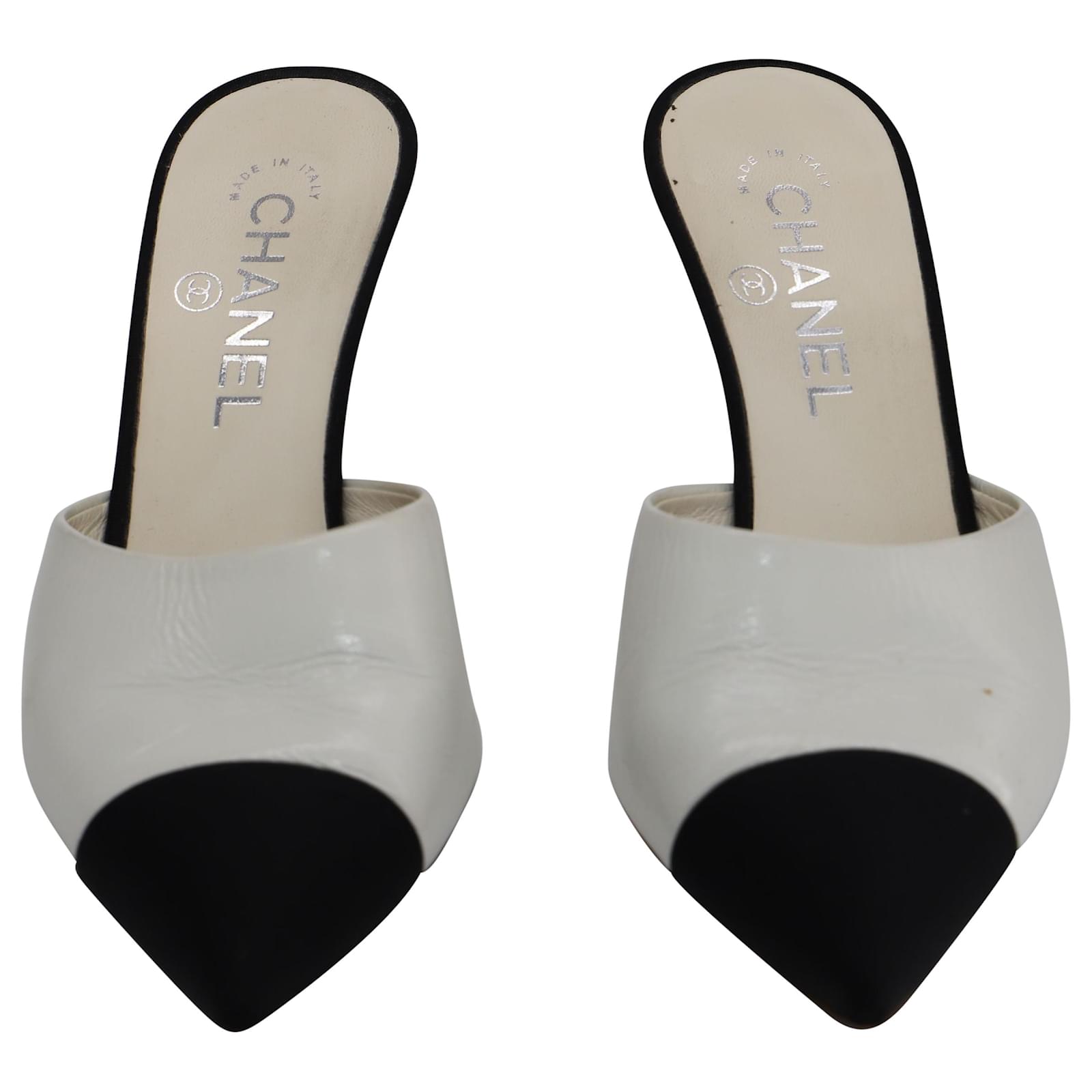 Chanel Cap Toe Mules with Pearl-Embedded Heels in White Leather