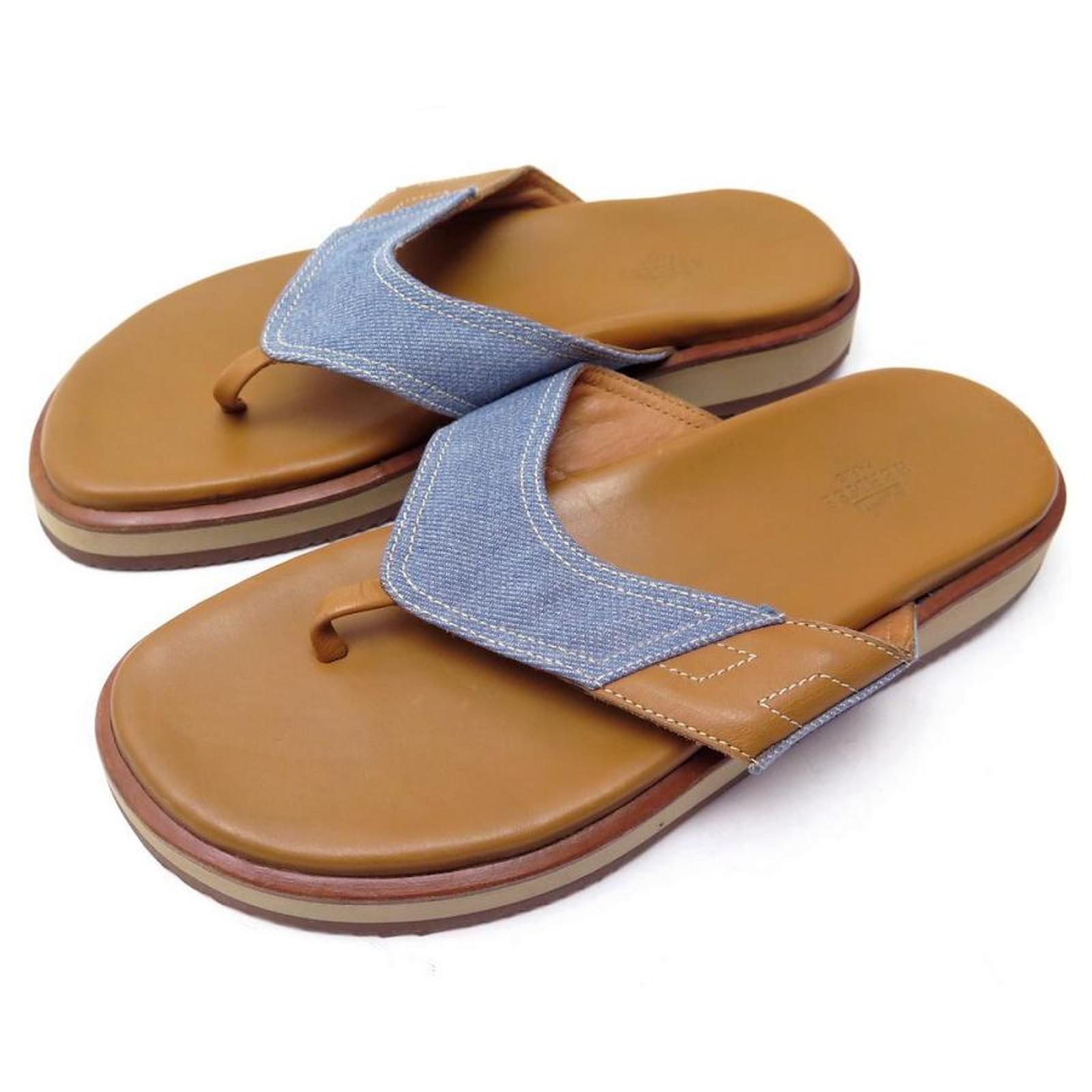 Hermès HERMES FLIP FLOPS SHOES 40.5 BROWN LEATHER AND BLUE DENIM