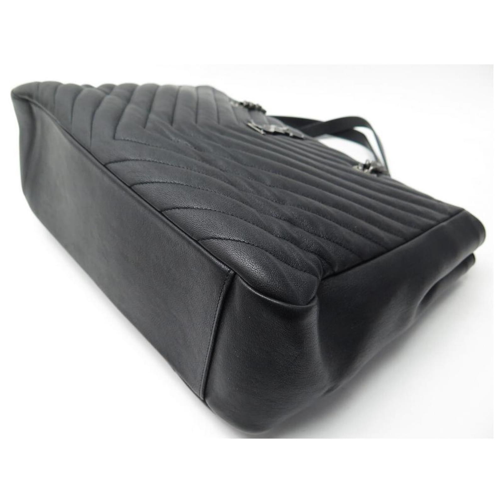 YVES SAINT LAURENT Chevron Leather Shopping Tote Shoulder Bag Black