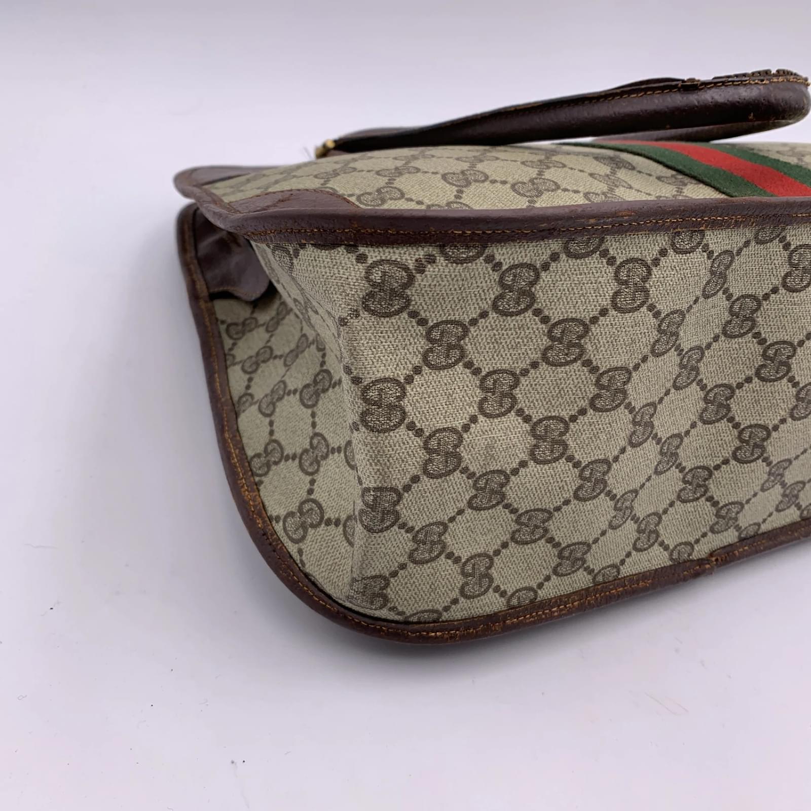 Gucci Vintage Brown Monogram Canvas Satchel Handbag with Stripes