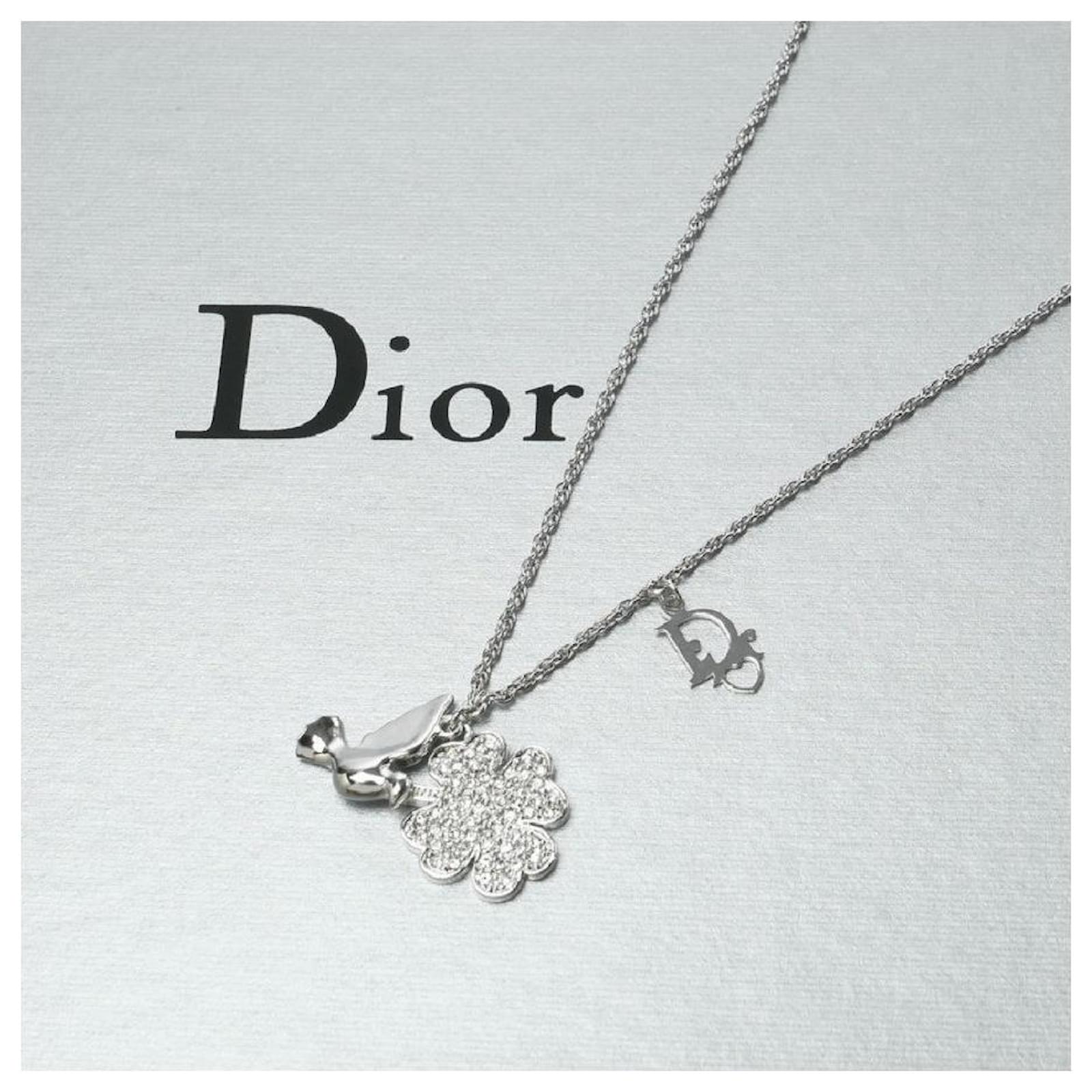 Japan Used Necklace] Christian Dior Clover Rhinestone Dove Logo Motif  Necklace