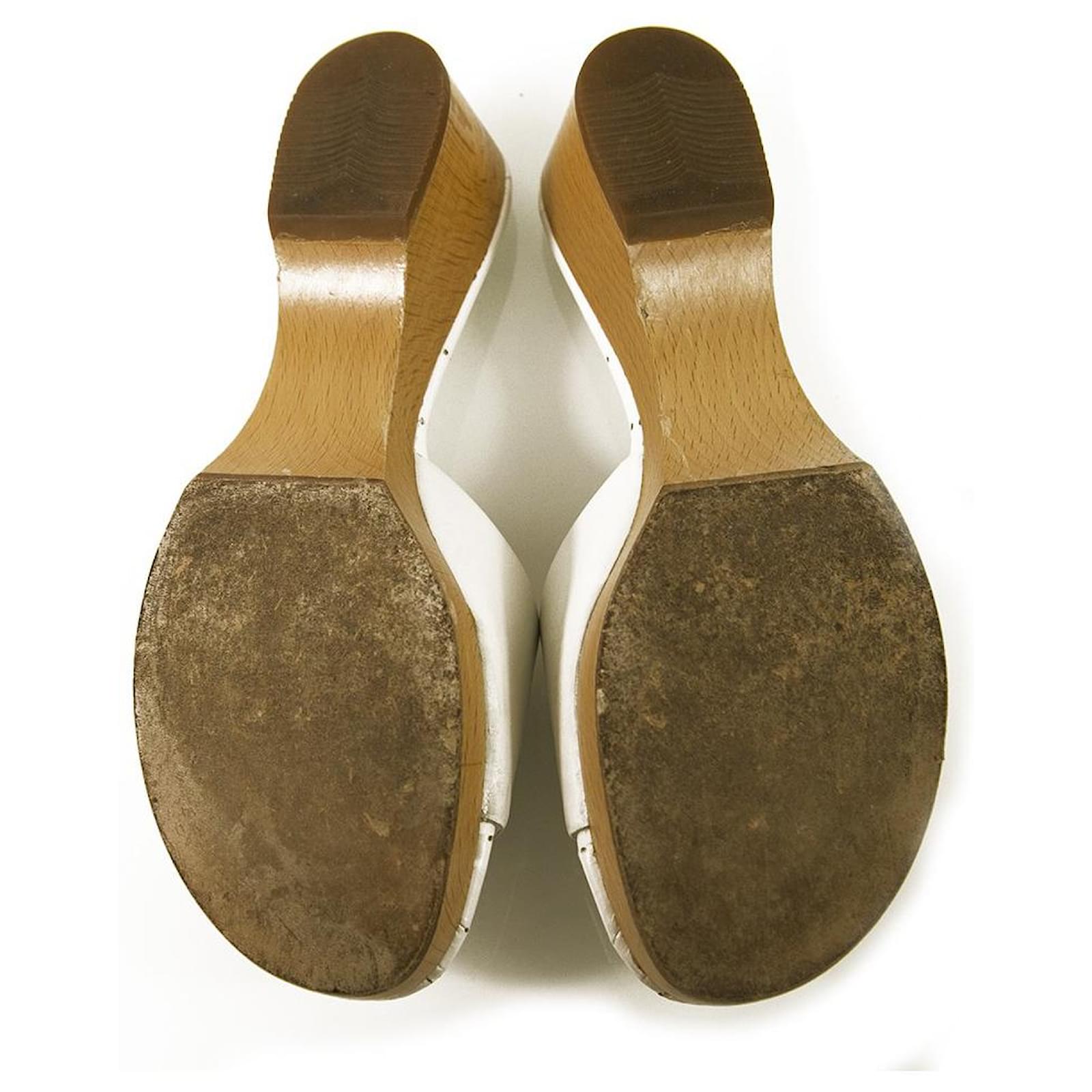 Chanel white leather block heels slides mules sandals shoes slides size 37   - Joli Closet