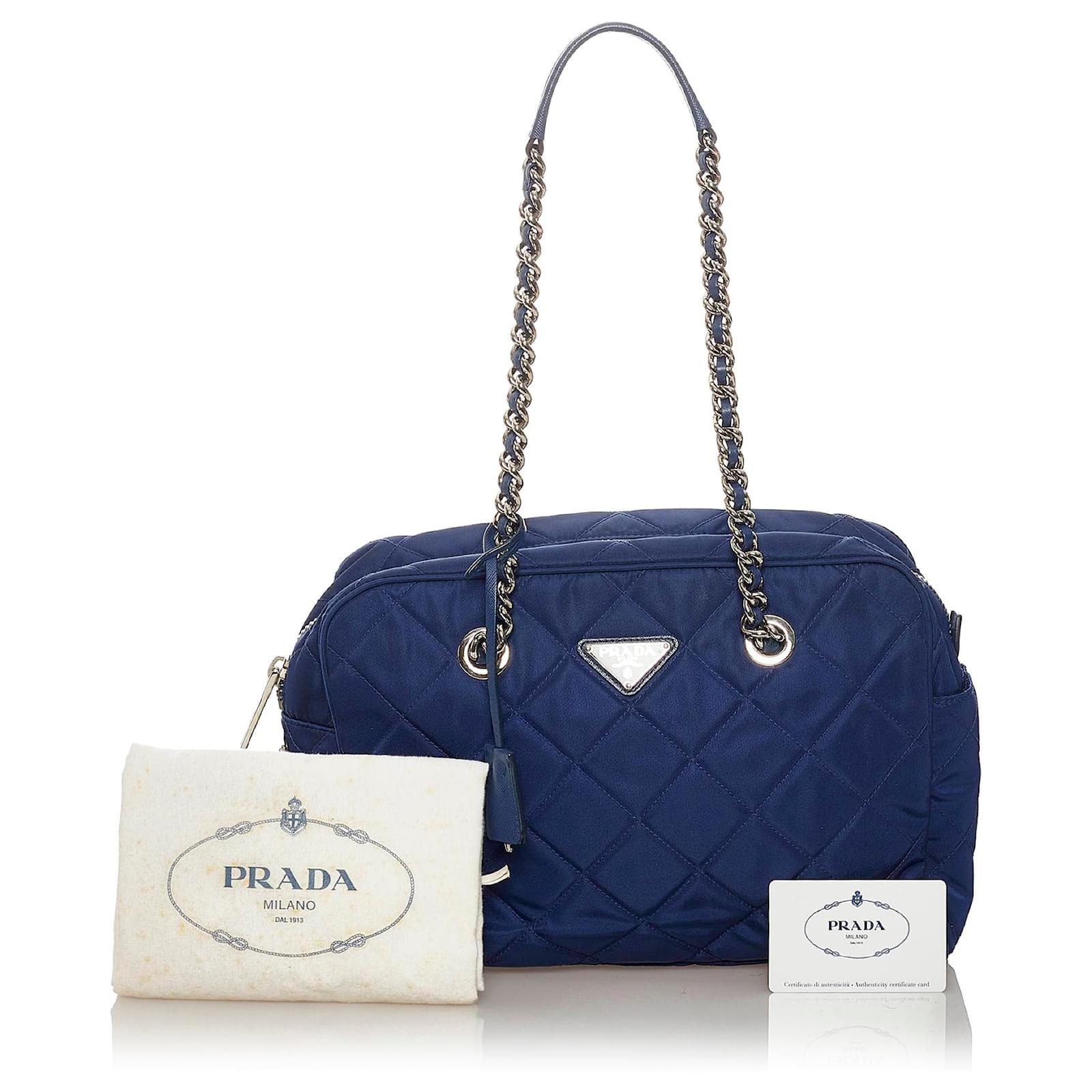 Prada Blue Tessuto Impuntu Chain Shoulder Bag Navy blue Leather Pony style calfskin Nylon Cloth ref.472157 Joli Closet