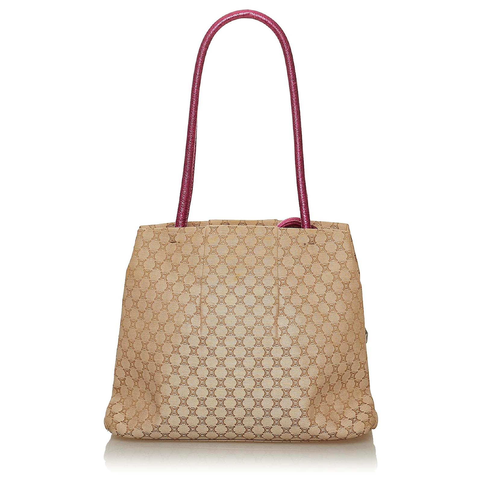 Céline Celine Brown Macadam Shoulder Bag Pink Beige Leather Plastic