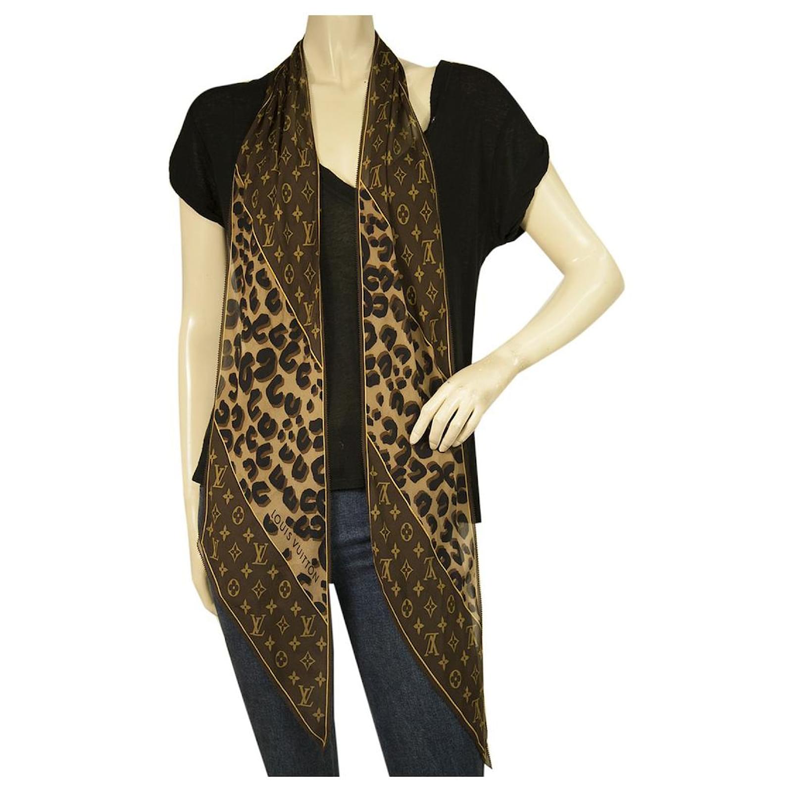 Louis Vuitton Monogram & Leopard Print Silk Chiffon Scarf Brown