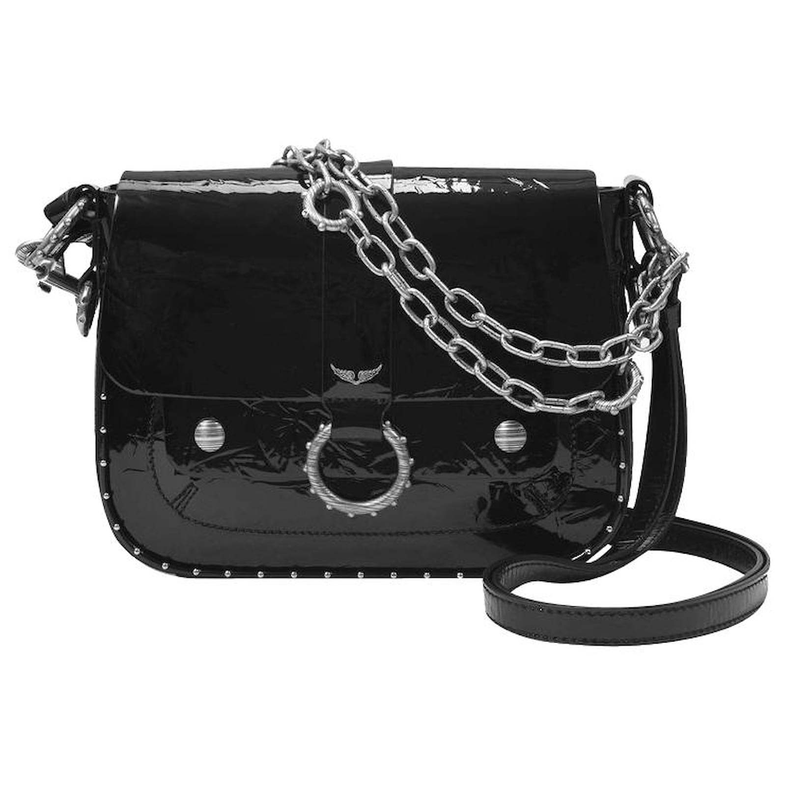 Zadig Voltaire Bag Kate New Black Patent Leather Crossbody Metal  Chain/Elements