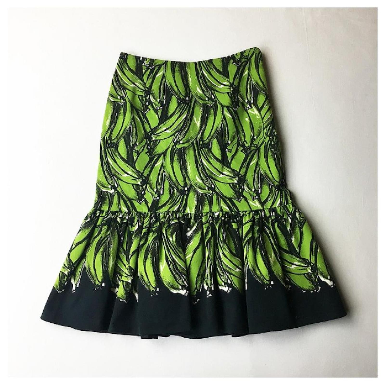 Used] Prada Banana Print Gather Skirt Green Cotton  - Joli Closet