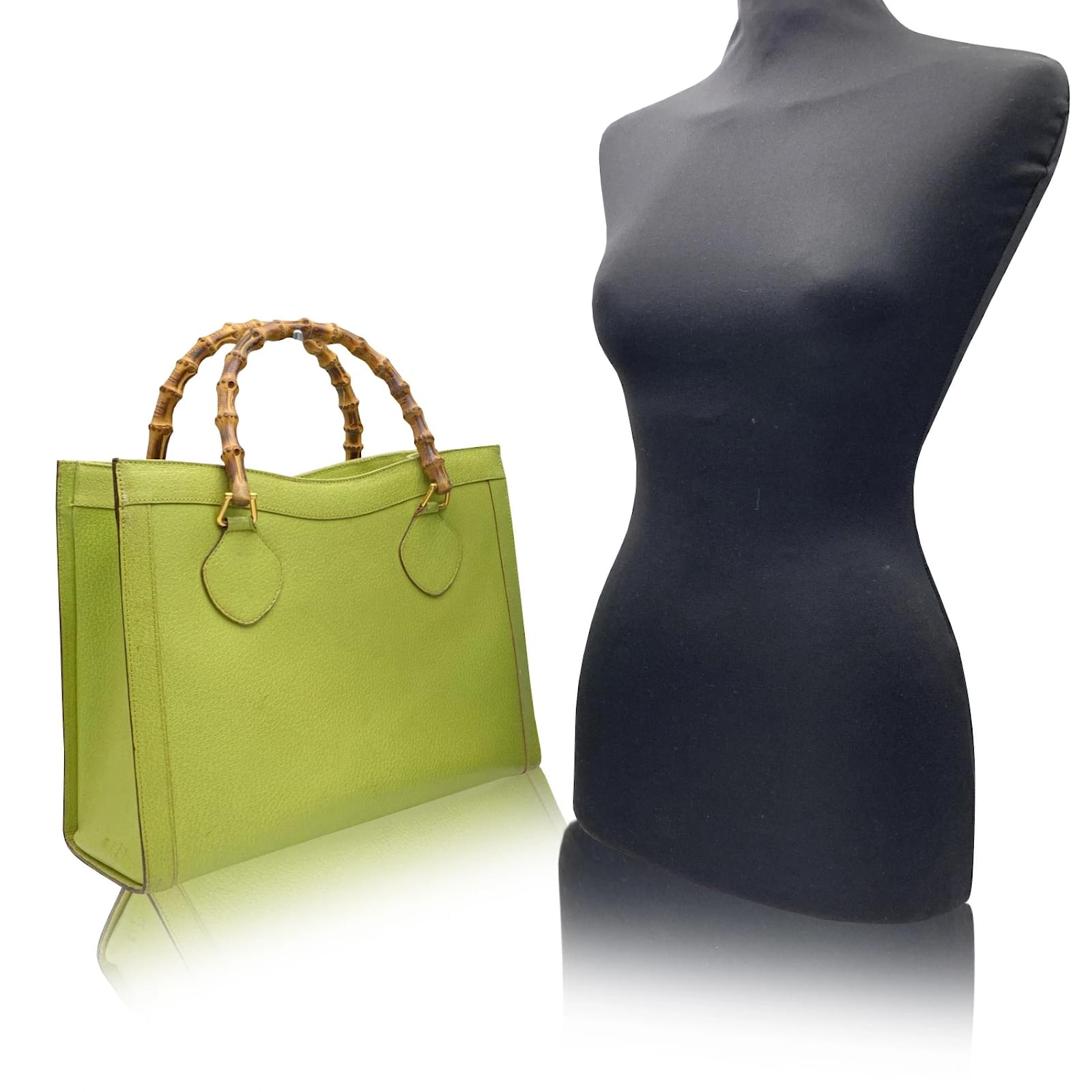 Gucci Vintage Green Leather Bamboo Princess Diana Tote Top Handles