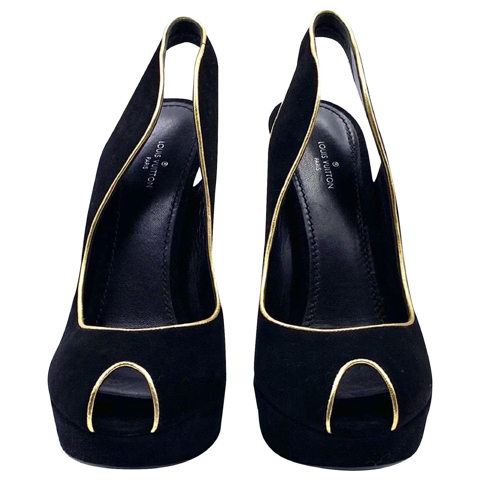 Louis Vuitton slingback heels in black suede with gold leather trim and  metallic gold heel ref.480059 - Joli Closet