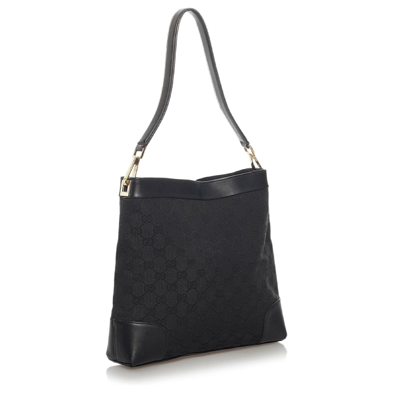 Gucci Black GG Canvas Shoulder Bag Leather Cloth Ponystyle calfskin