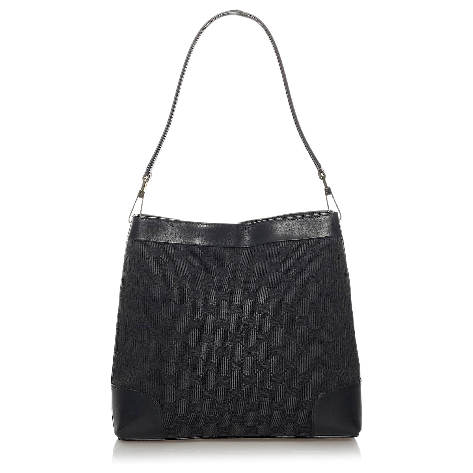 Gucci Black GG Canvas Shoulder Bag Leather Cloth Ponystyle calfskin