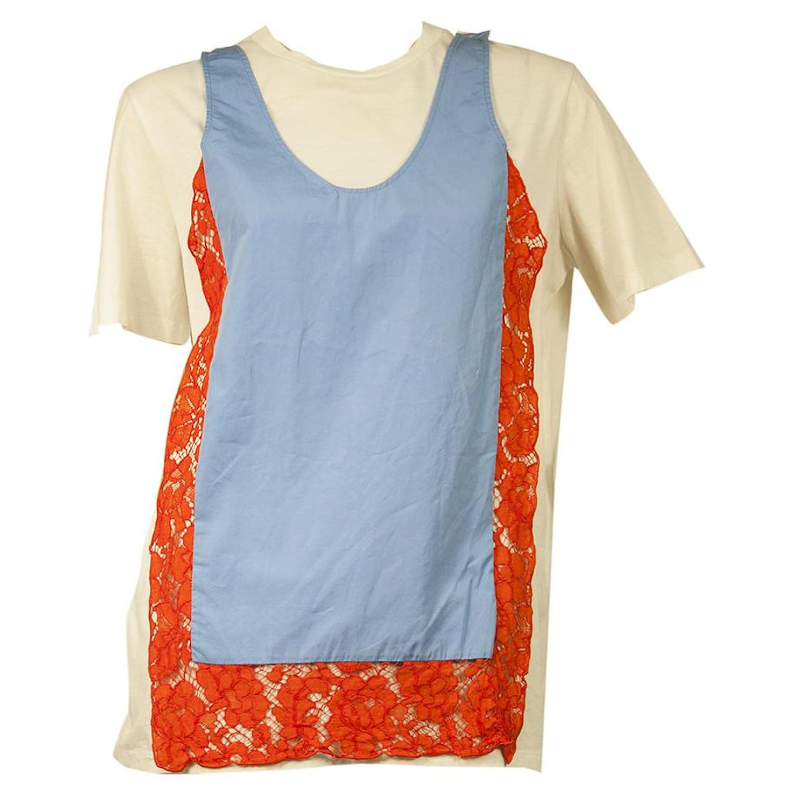 PRADA White Blue Orange Lace Short Sleeve Cotton T- Shirt Top size S  Multiple colors  - Joli Closet