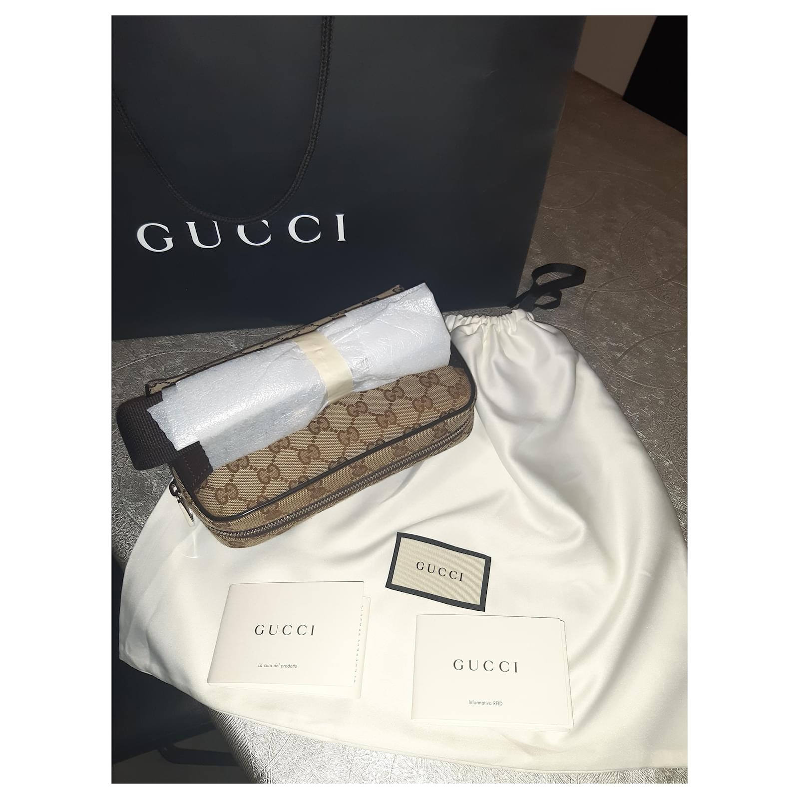 Gucci Monogram Belt Bag Dark Brown Beige Leather ref.488263 - Joli