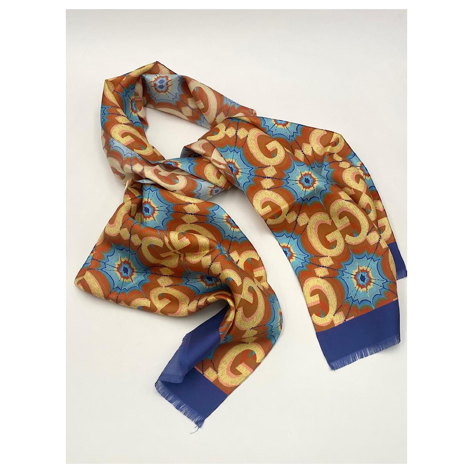 New unisex Gucci GG silk scarf Brown Blue Yellow ref.488915 - Joli Closet