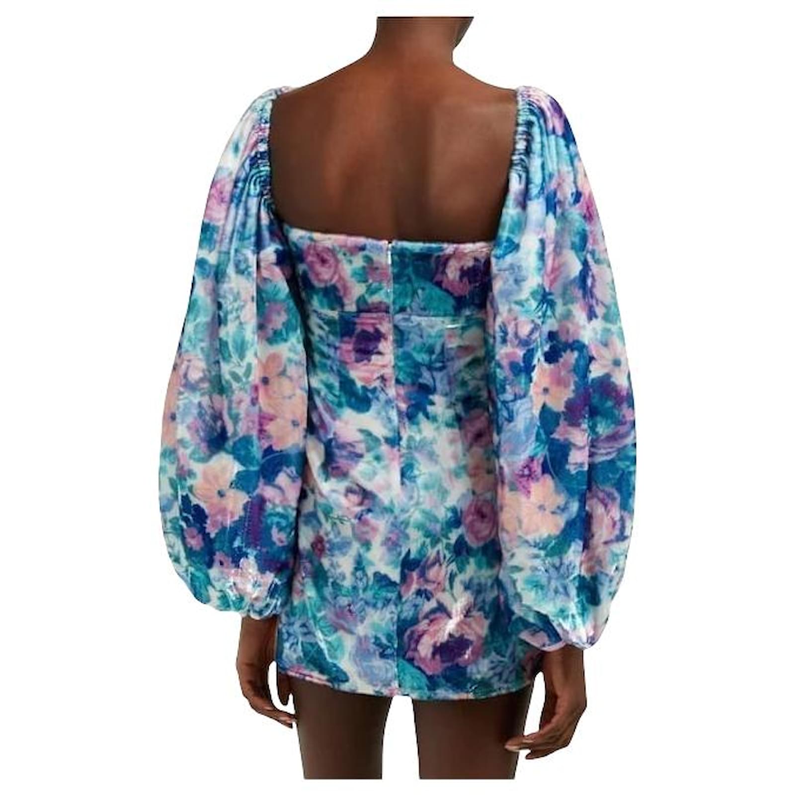 Attico Floral Velvet Balloon-Sleeved Mini Blue Dress Multiple colors  ref.489942 - Joli Closet