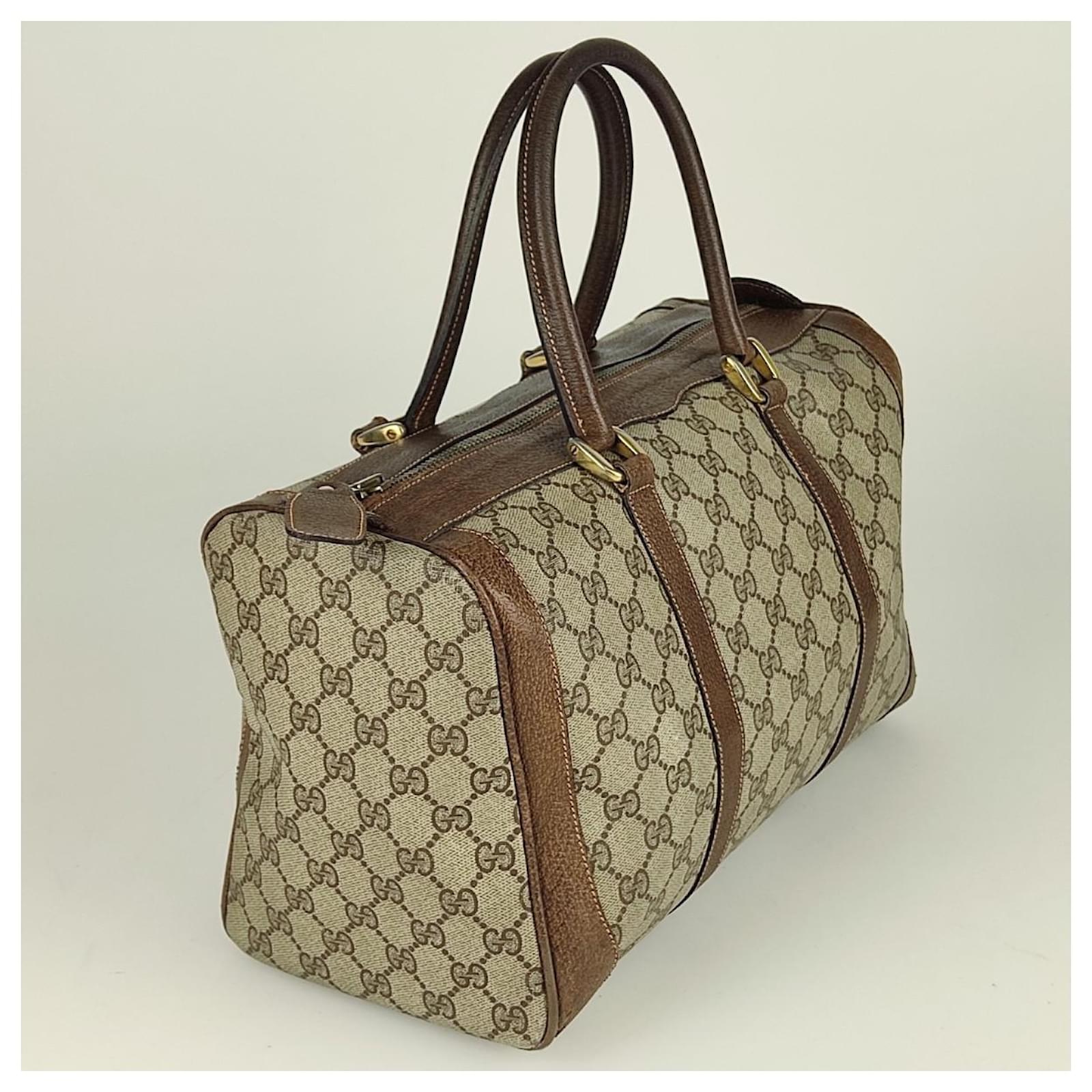 Beige and chocolate GG Monogram coated canvas Gucci vintage Boston bag For  Sale at 1stDibs