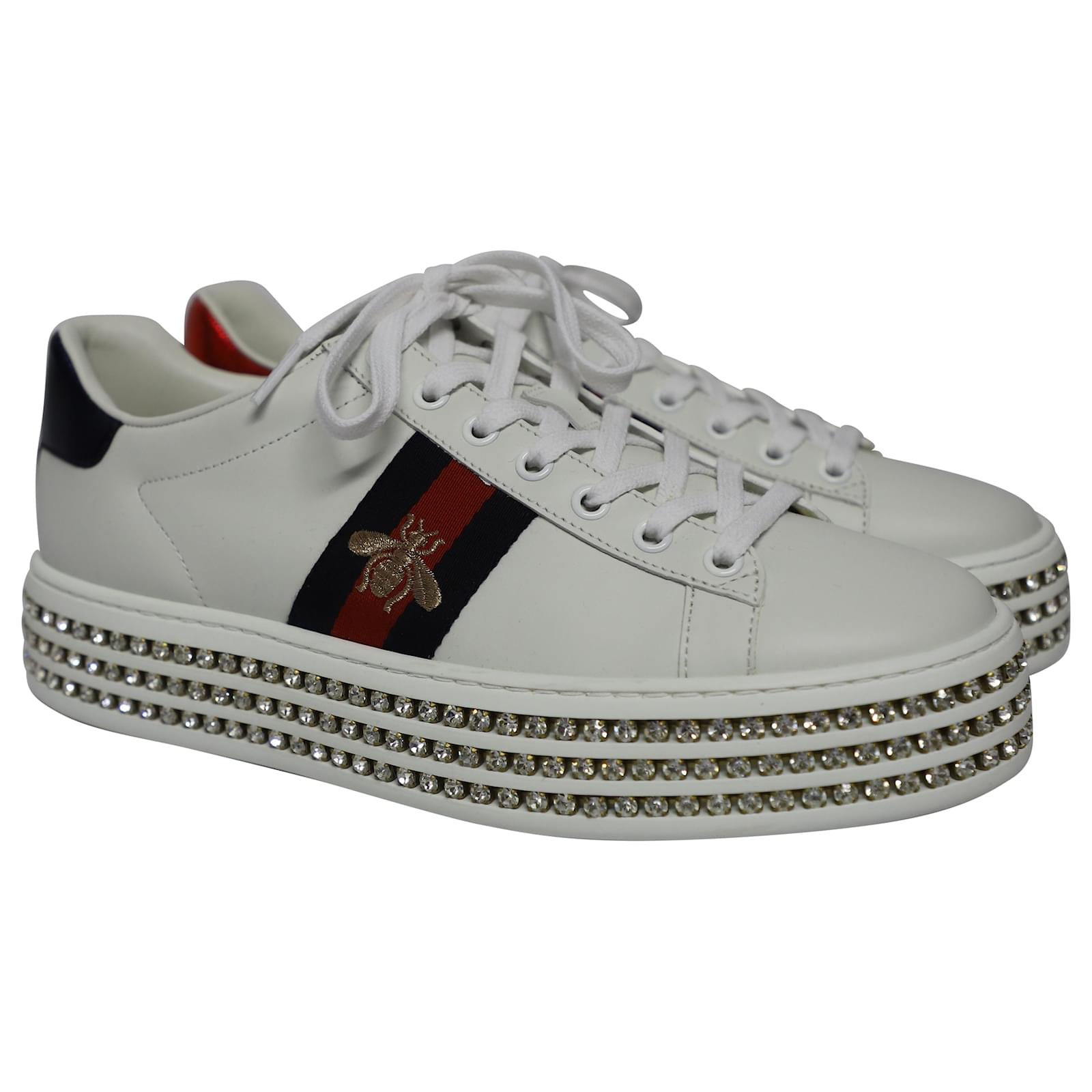 Gucci Ace Crystal Embellished Sneakers in White Leather ref.493669 Joli Closet