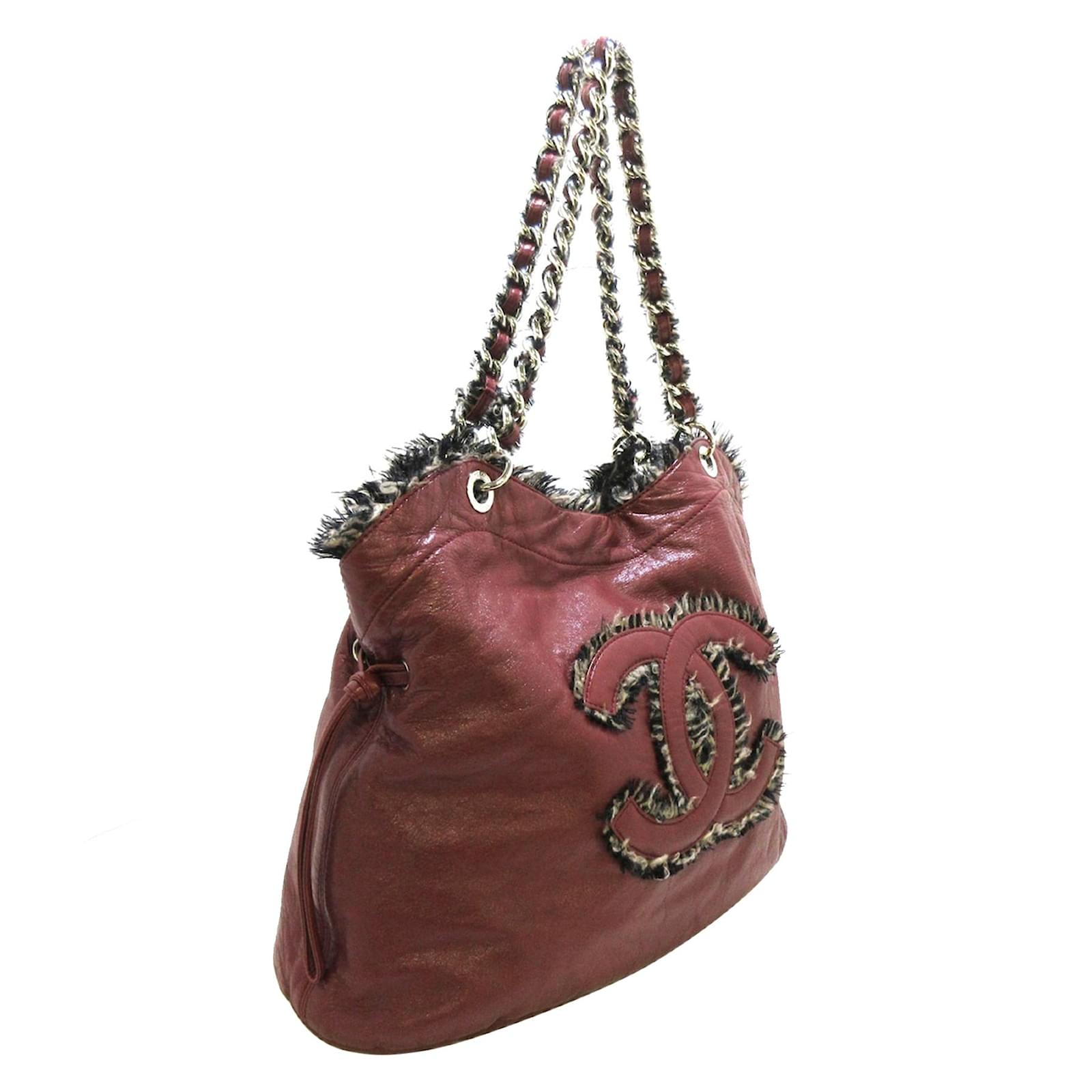 CHANEL Funny Tweed Bon Bon Tote in Burgundy Red Lambskin Leather