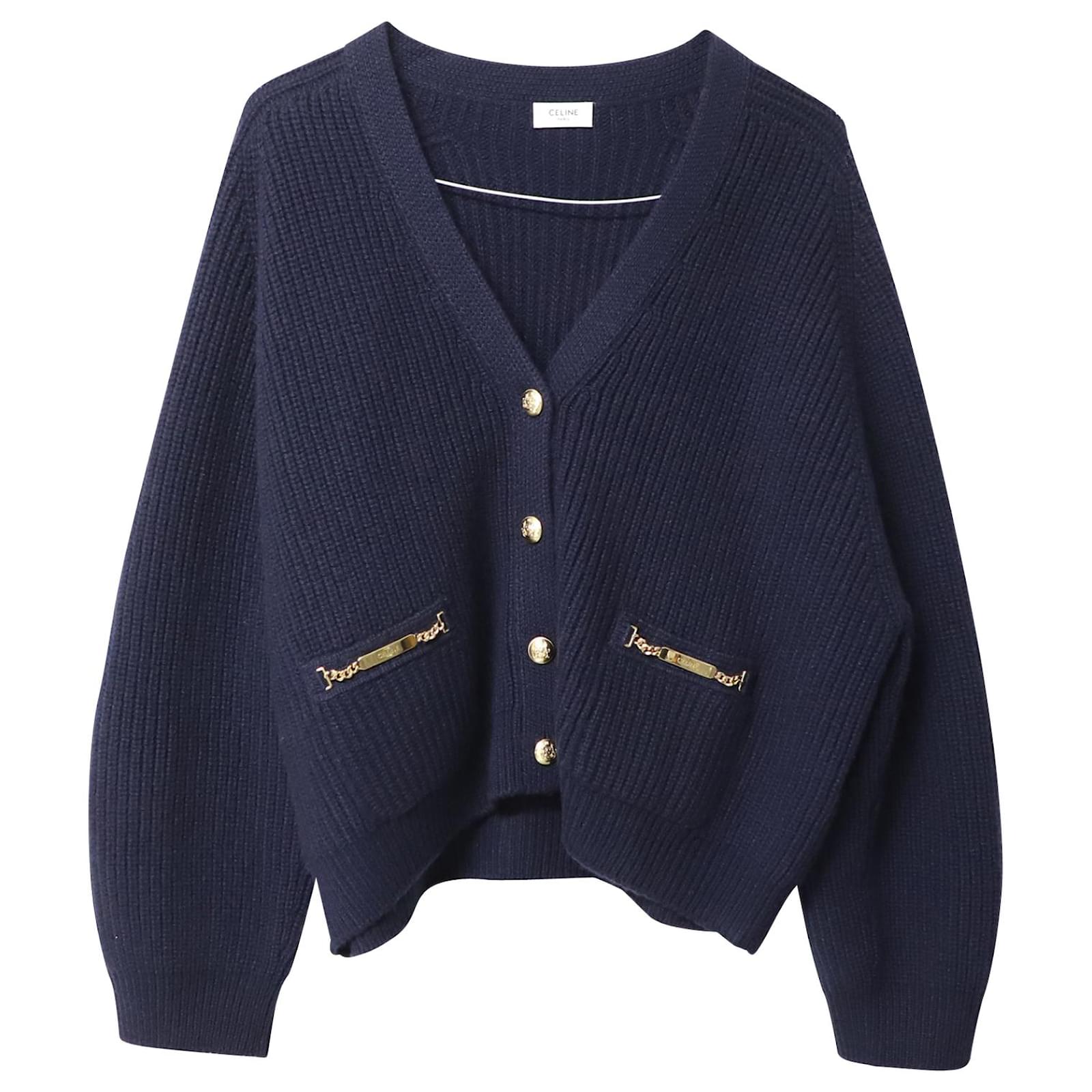 Céline Celine Chain Embellished Cardigan in Navy Blue Cashmere
