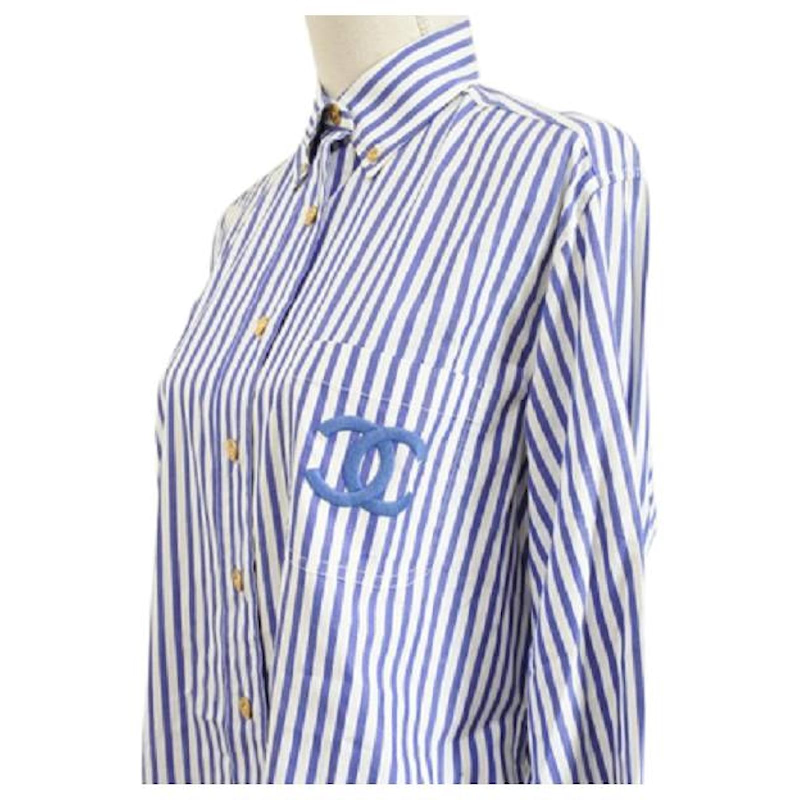 *[Used] Chanel Striped Shirt Pocket Coco Mark White x Blue Gold