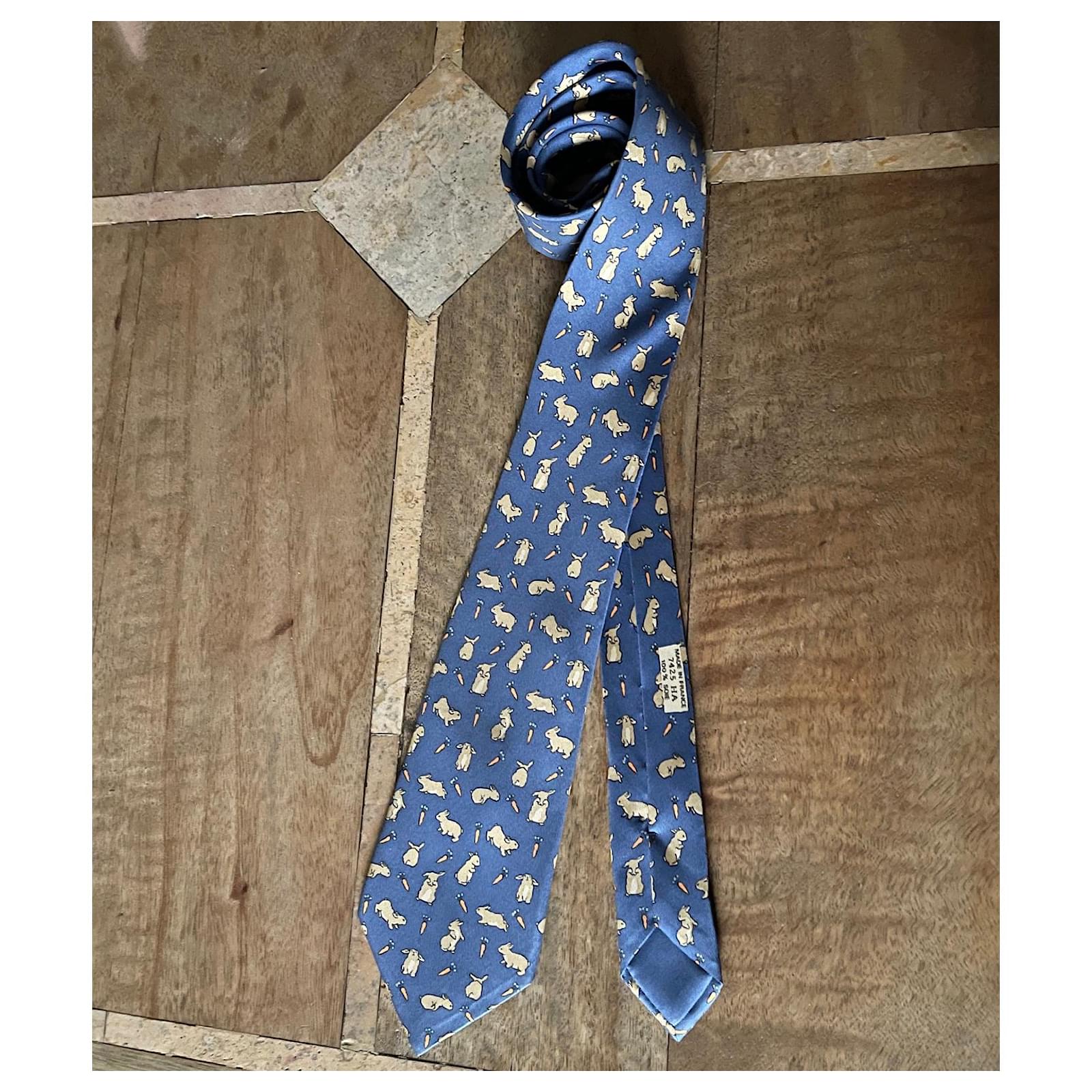 Lapin carrot printed silk tie - Hermès - New Blue ref.500311 - Joli Closet