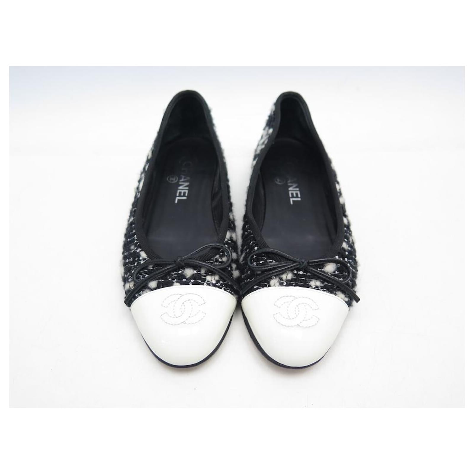 CHANEL G SHOES02819 37.5 BLACK AND WHITE TWEED BALLERINAS FLAT SHOES