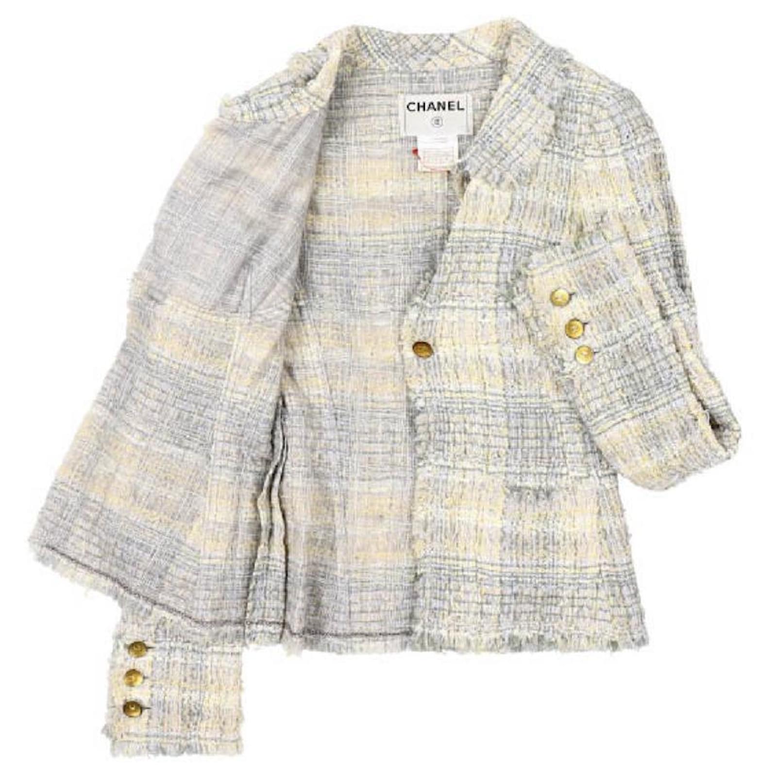 *[Used] CHANEL Jacket Tweed Coco Mark Button Tulle Cotton Blend 34 Gray  Yellow