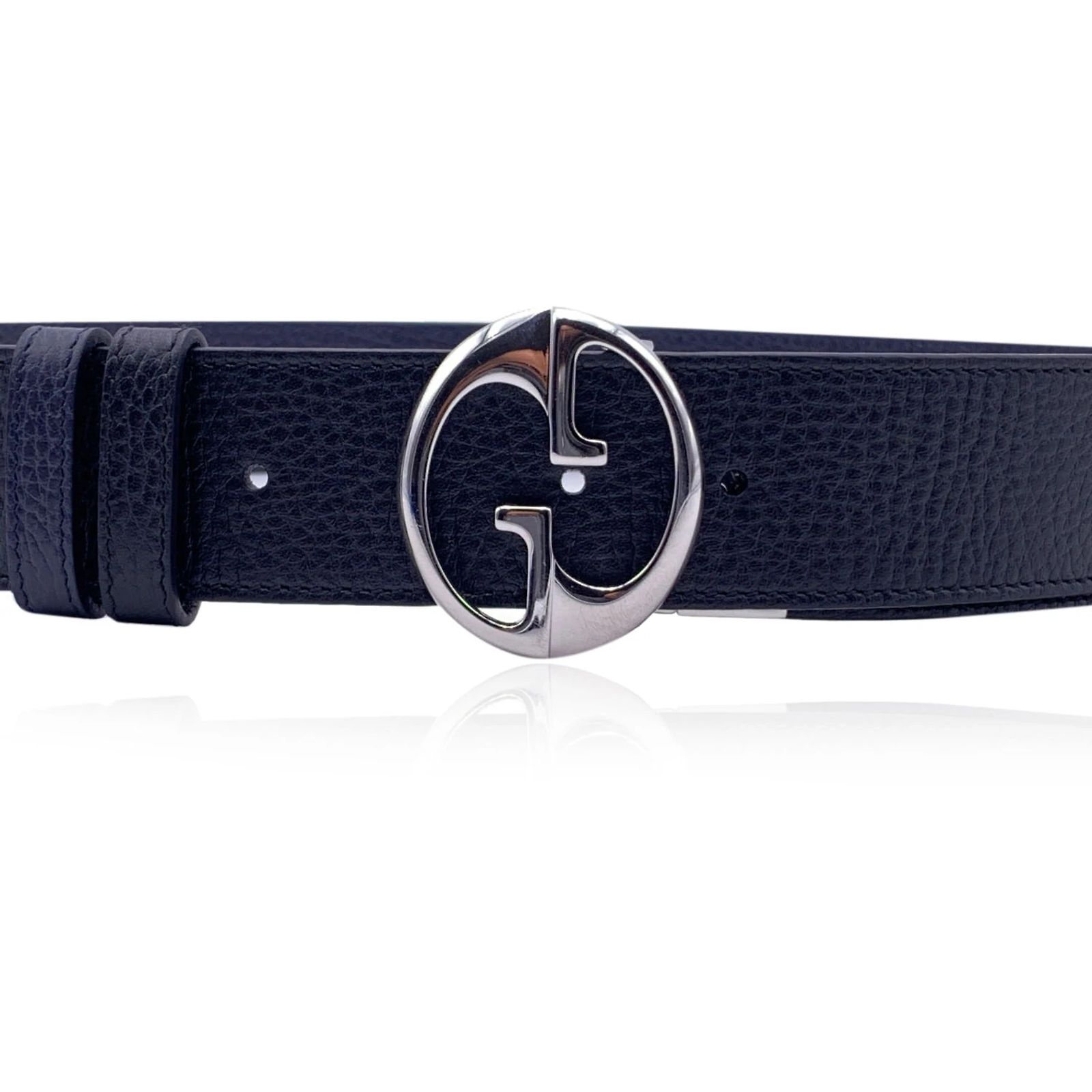 Gucci Black Blue Leather Reversible Belt 1973 GG Buckle Size 