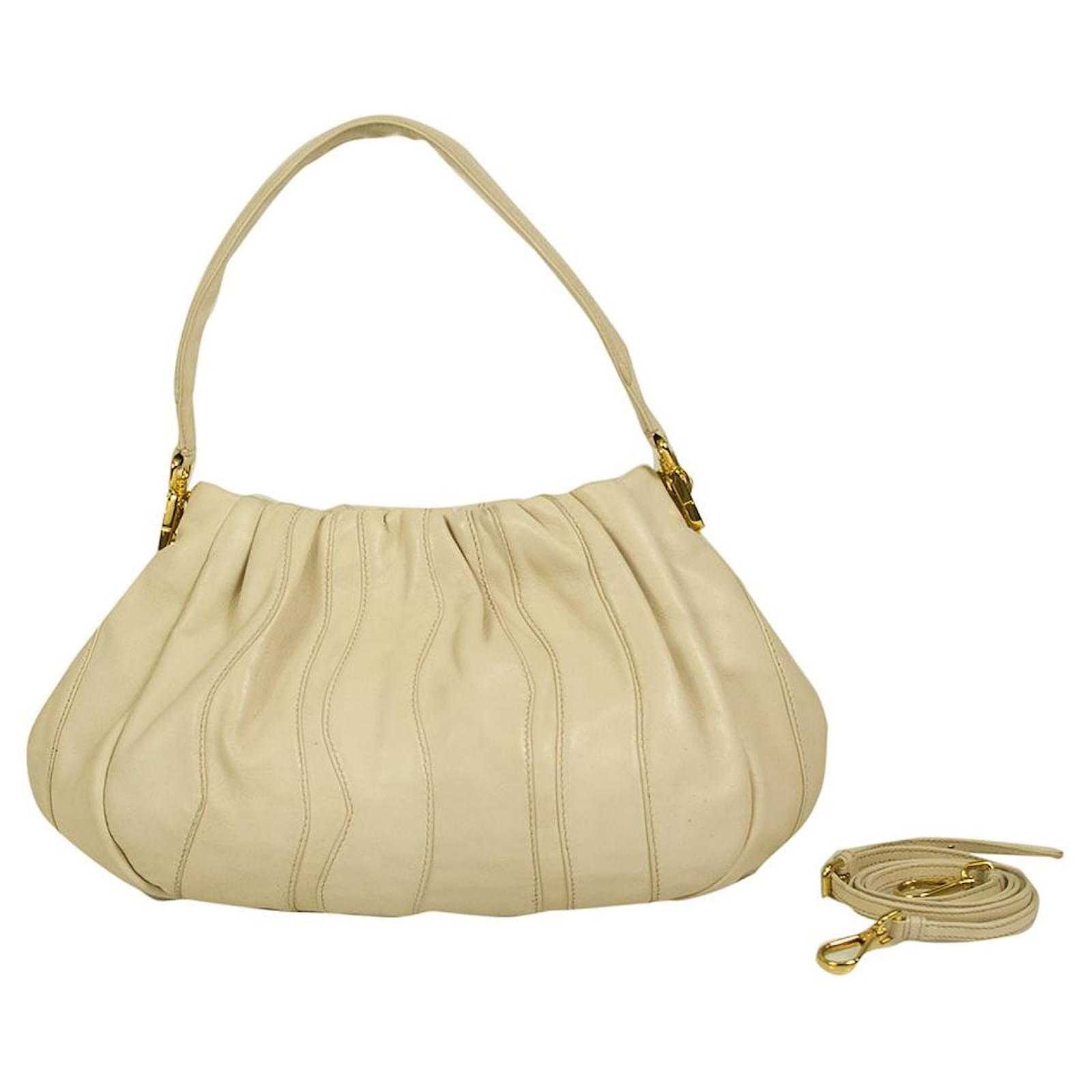 PRADA Camellia Cream Nappa Stripes Shoulder Bag with extra crossbody strap  White Leather  - Joli Closet