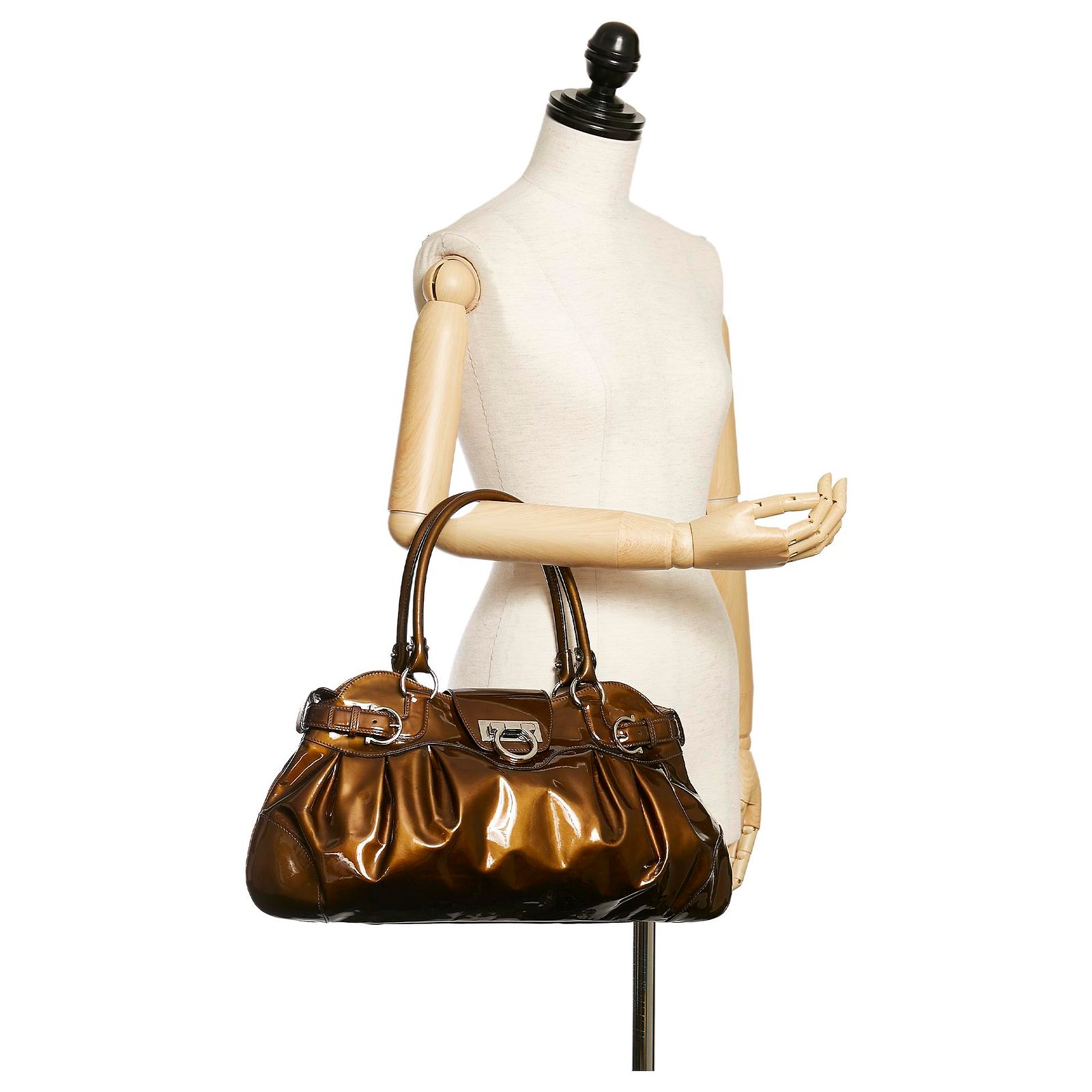 Salvatore Ferragamo Ferragamo Brown Gancini Marisa Patent Leather 
