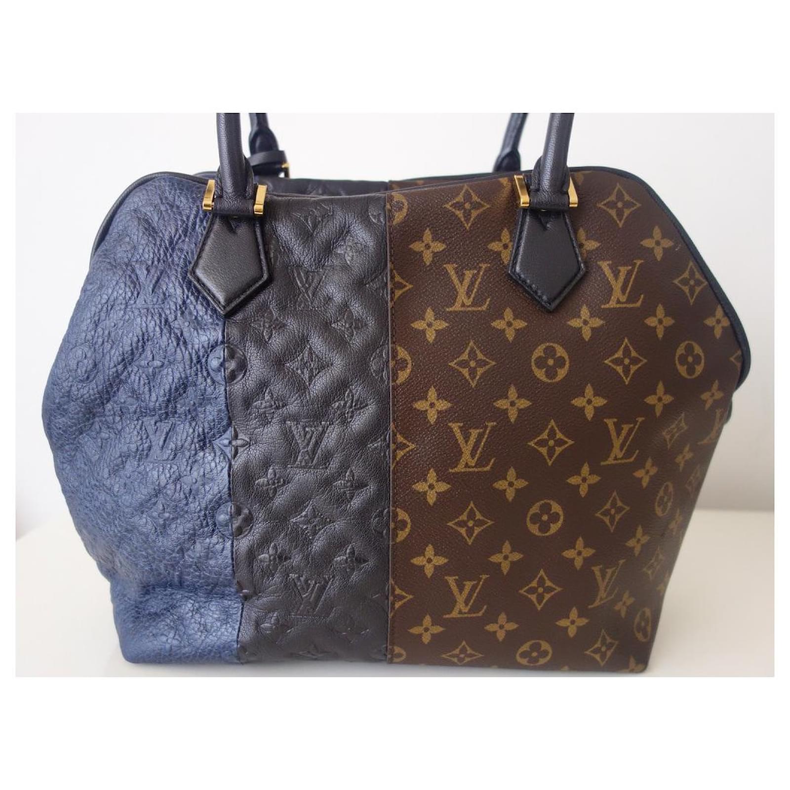 Woman with Louis Vuitton bag in brown and blue colors before