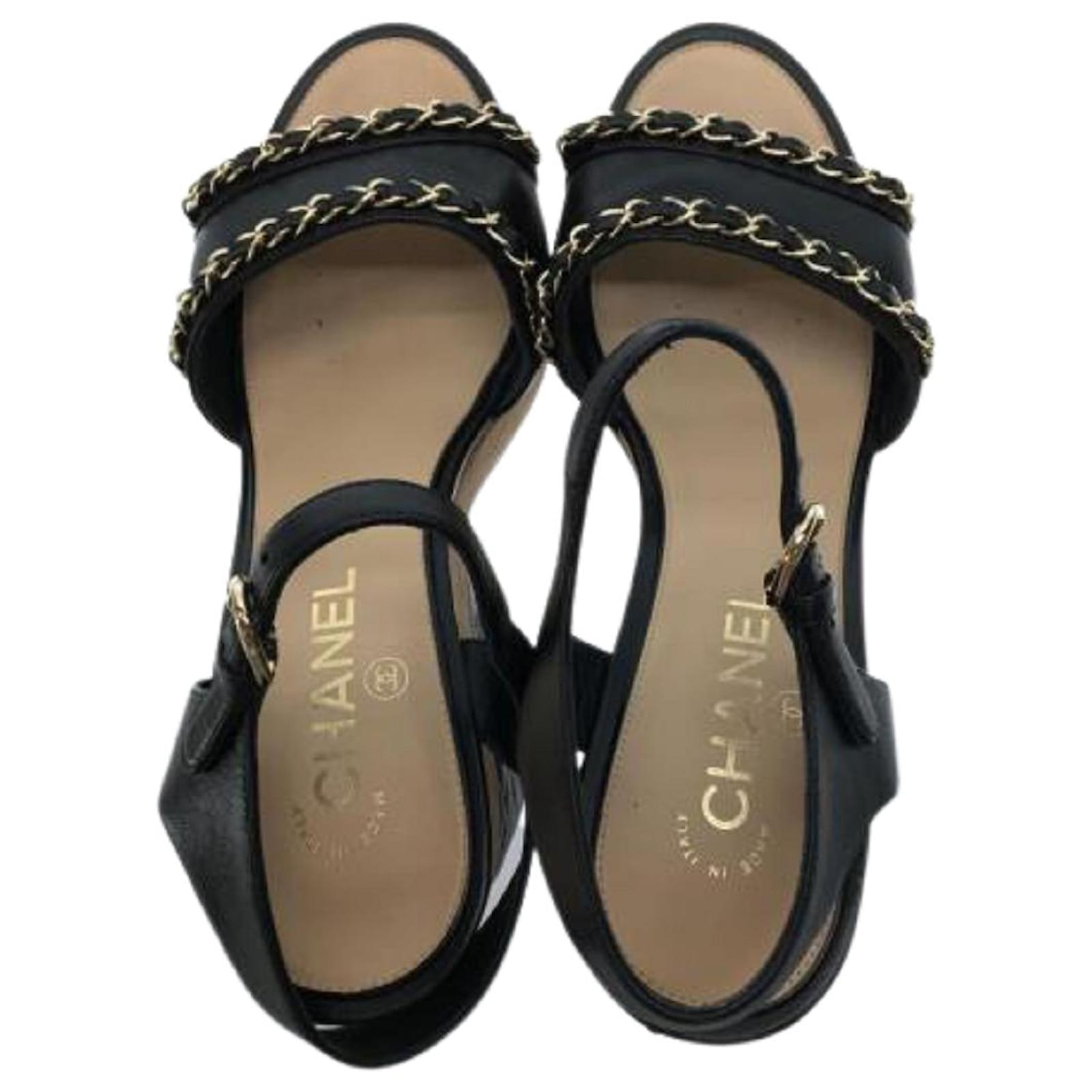 Used] CHANEL Coco Mark Matrasse / Wedge Sandals / Quilted Chain / 39 (24.5cm)  / Black / Leather ref.509114 - Joli Closet